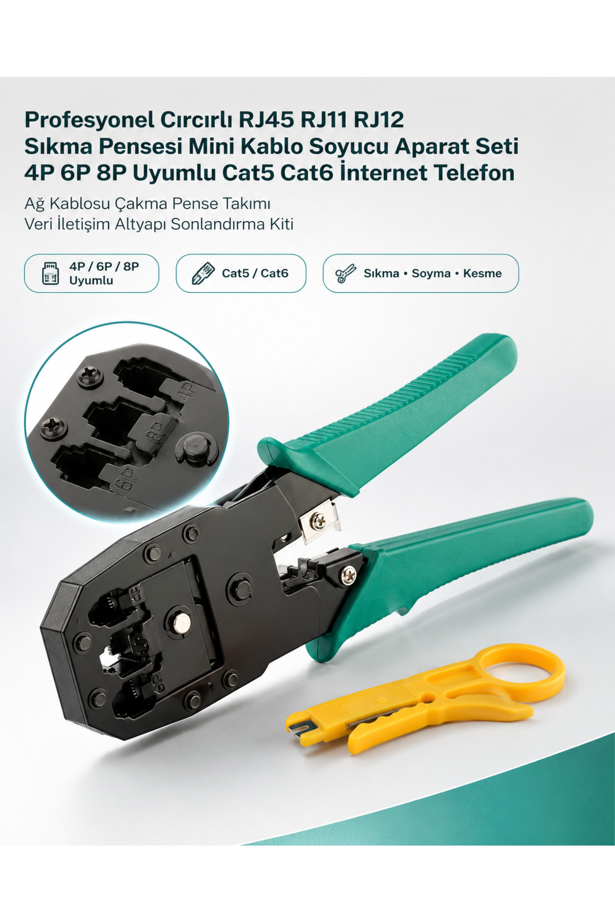 Profesyonel Cırcırlı RJ45 RJ11 RJ12 Sıkma Pensesi Mini Kablo Soyucu Aparat Seti 4P 6P 8P Uyumlu Cat5 Cat6 İnternet Telefon Ağ Kablosu Çakma Pense Takımı Veri İletişim Altyapı Sonlandırma Kiti