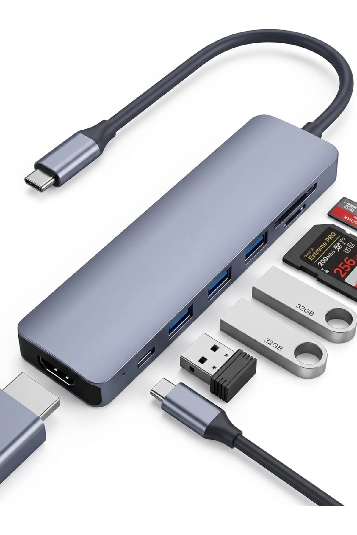 PC/iPad/Macbook/iPhone 15 Plus/16/17 Pro Max/18 Duo Uyumlu Type-C To HDMI USB SD/Micro SD/TF USB-C Çevirici