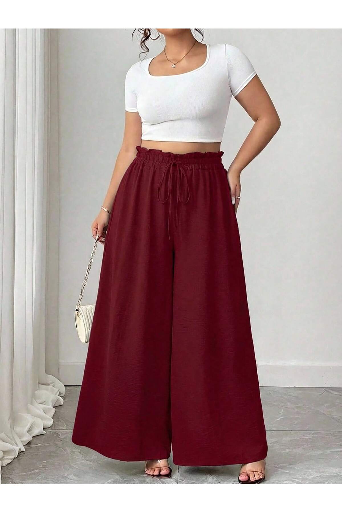 tuzu moda Büyük Beden Pantolon Bol Paça Büyük Beden Beli Lastikli Pantolon görsel 3