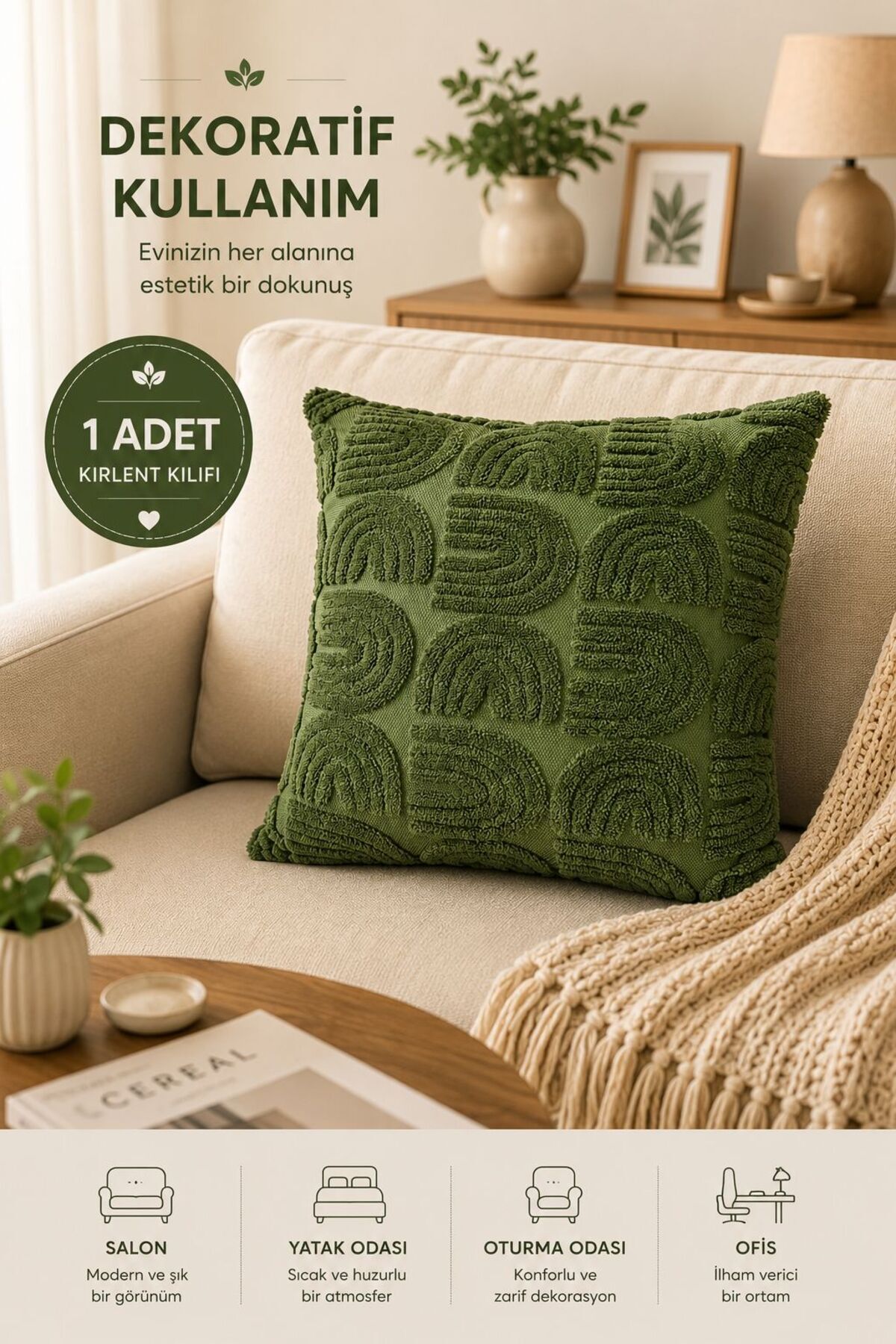 Embossed Textured Green Pillow Case Cream Decorative Modern Sofa and Sofa Pillowcase