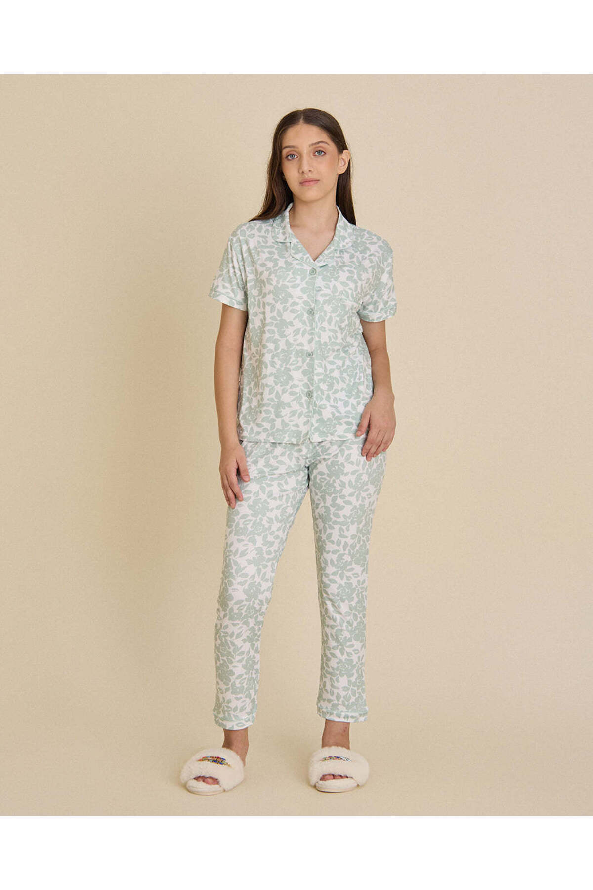 REDTAG Senior Girls Green Floral Pajama Set