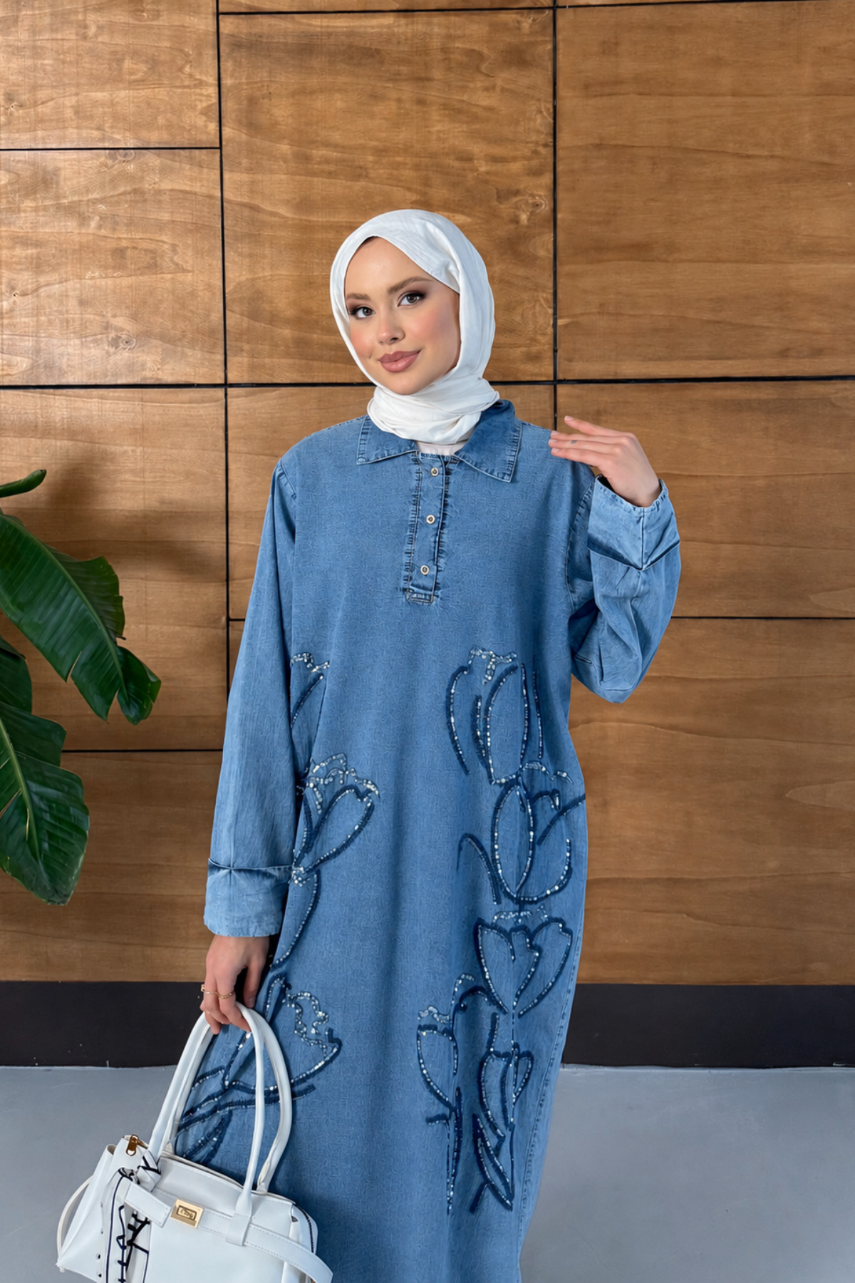 Miss Allos Women's Embroidered Half-Button Denim Dress