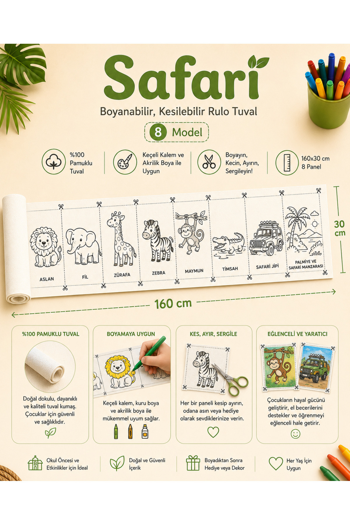 Boyanabilir Kesilebilir Rulo Tuval Safari 8 Model Eğitici Çocuk Boyama Seti 160x30 cm