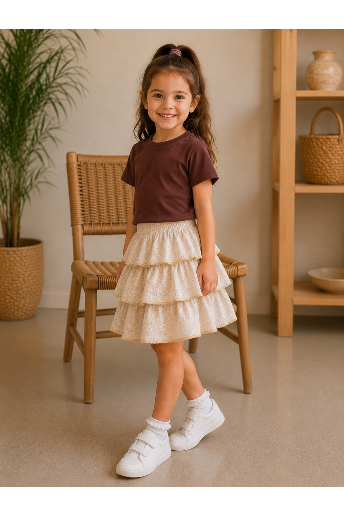 BAHNUR Girl's Baby Kids' Brown T-Shirt and Cream Layered Scallop Skirt Set Summer Set