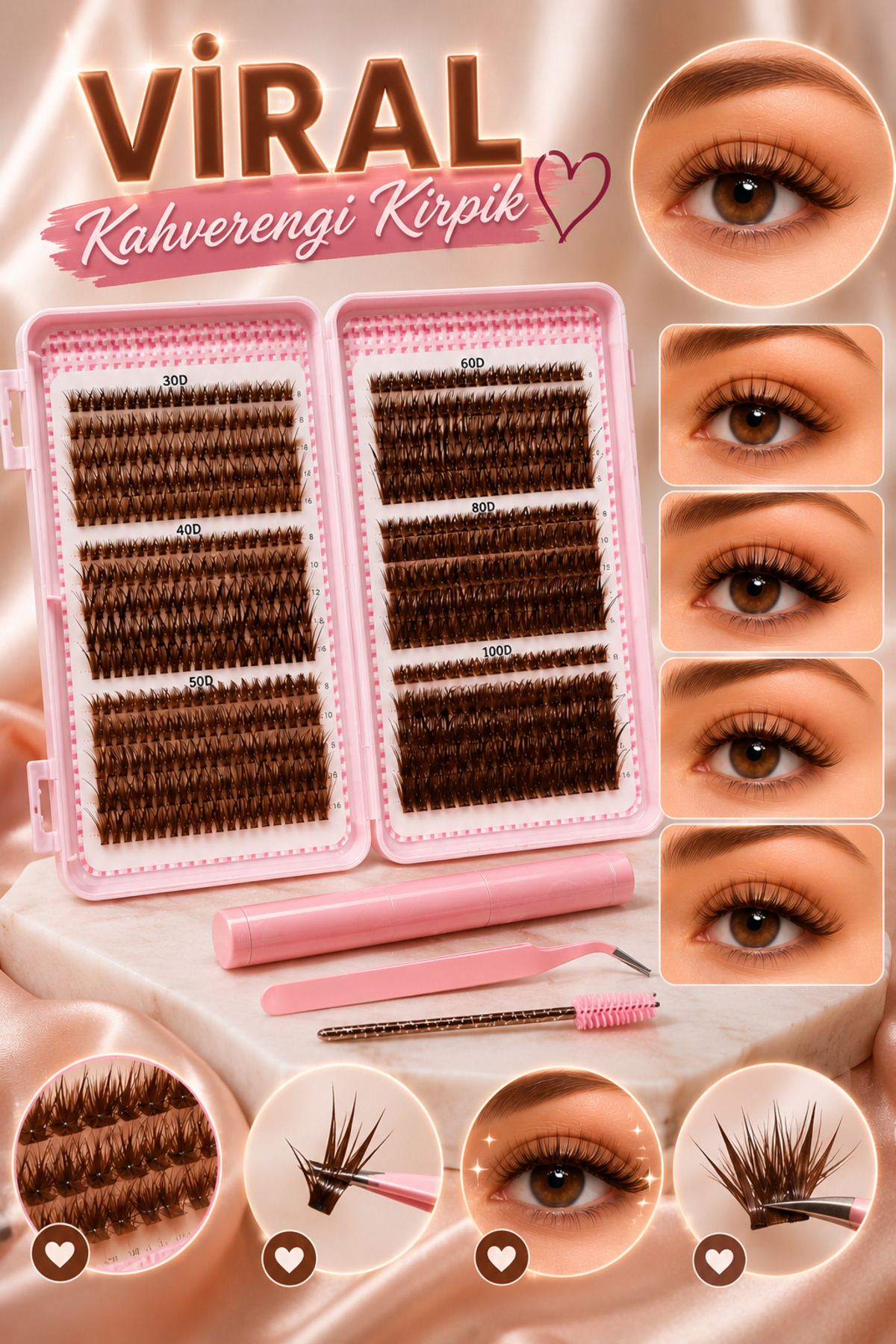 Kahverengi Brown Cluster Takma Kirpik Seti 30D 40D 50D 60D 80D 100D Bond & Seal Cımbız Dahil Viral Görünüm — ALR-BROWNKIT — تصویر 4 از 6