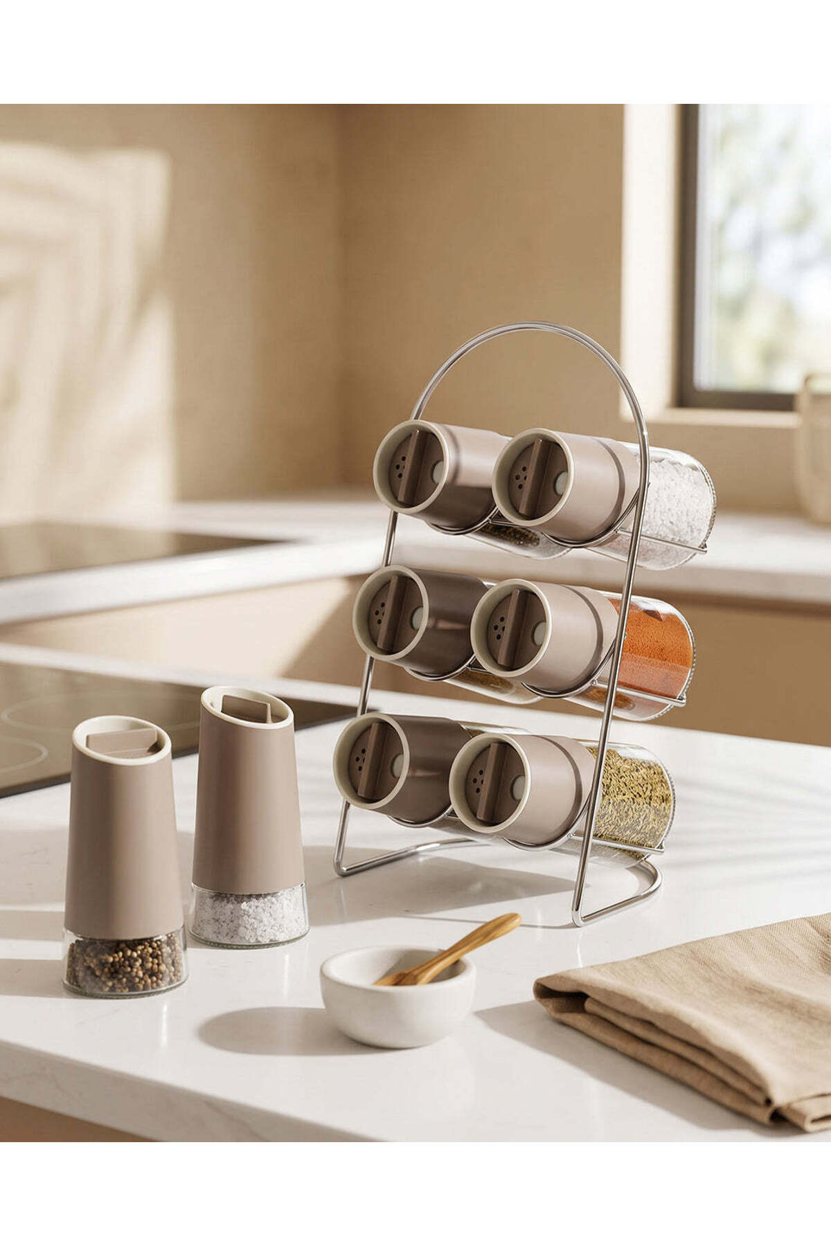 REDTAG Grey Glass Spice Jar Set With Metal Stand Set (7 Piece)