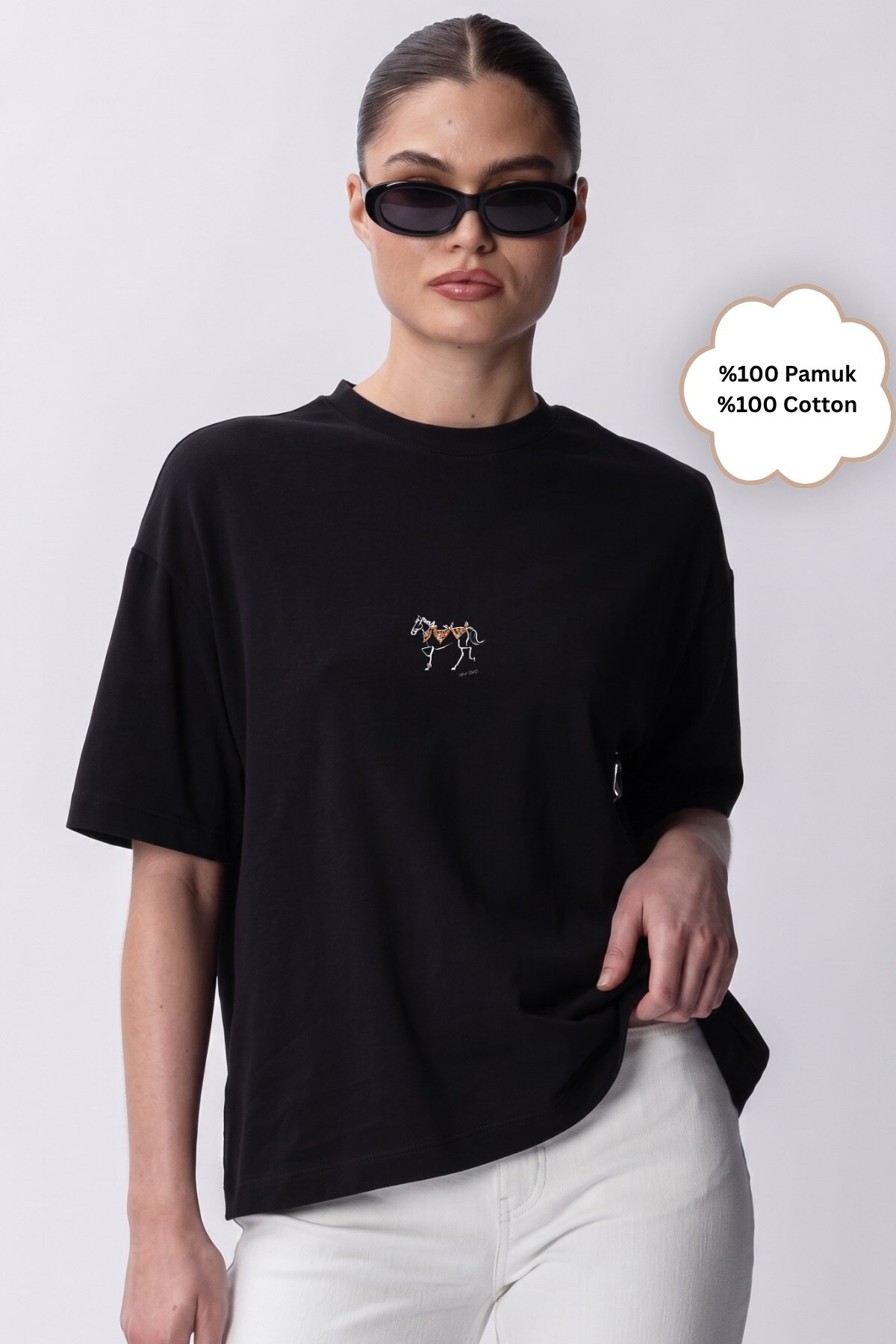 The Champ Clothing Women's Oversize T-Shirt Equestrian Spirit Printed Black – Crew Neck, Comfortable Fit, 100% Cotton