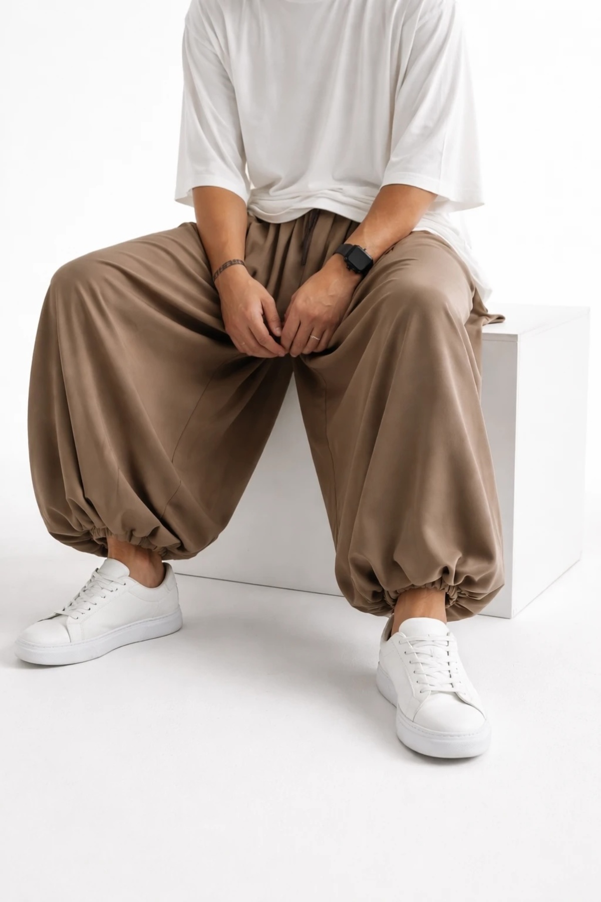 Erkek Hakama Sokak Tarzı Baskılı Bürümcük Spor Şalvar Pantolon — قهوه‌ای 3013-H — تصویر 5 از 6