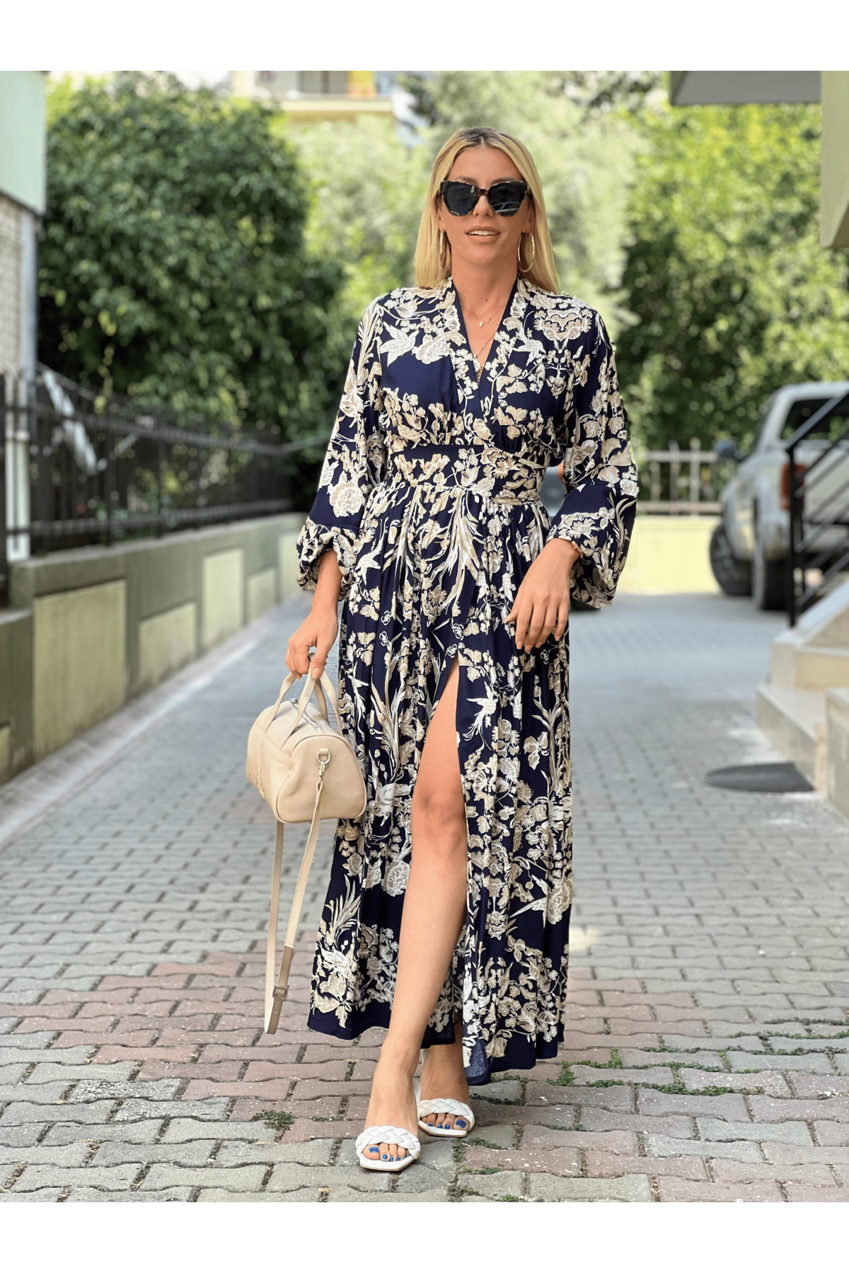 My Blog Navy Blue Patterned Slit Long Dress - 2Y296122
