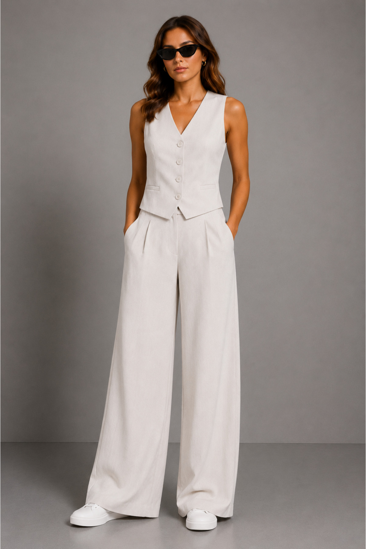 Women's Ecru Palazzo Pants Set with Vest – Wide Leg Stylish Outfit