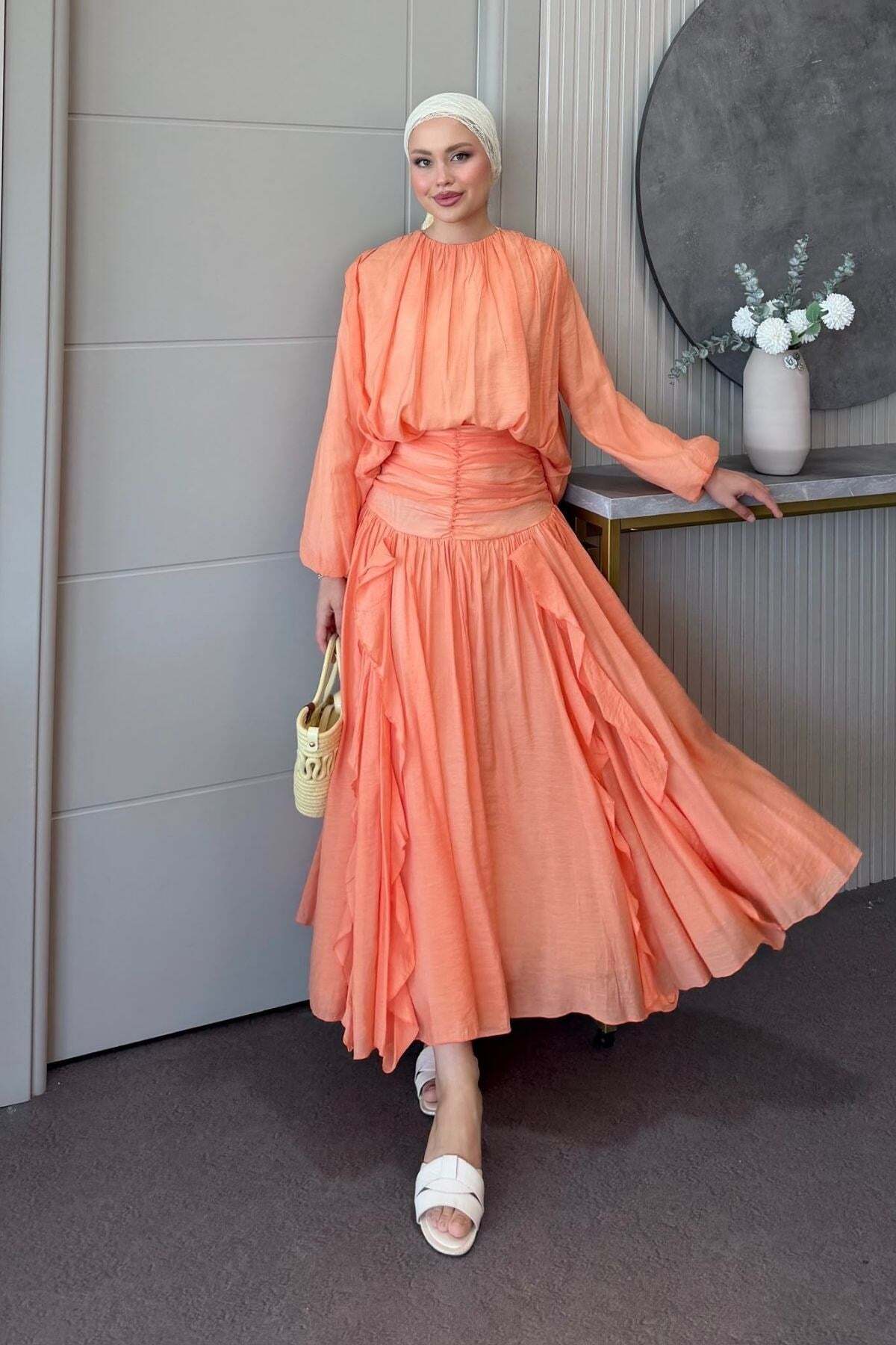 Hazamoda Mercan Ruffle Detail Skirted Suit Orange