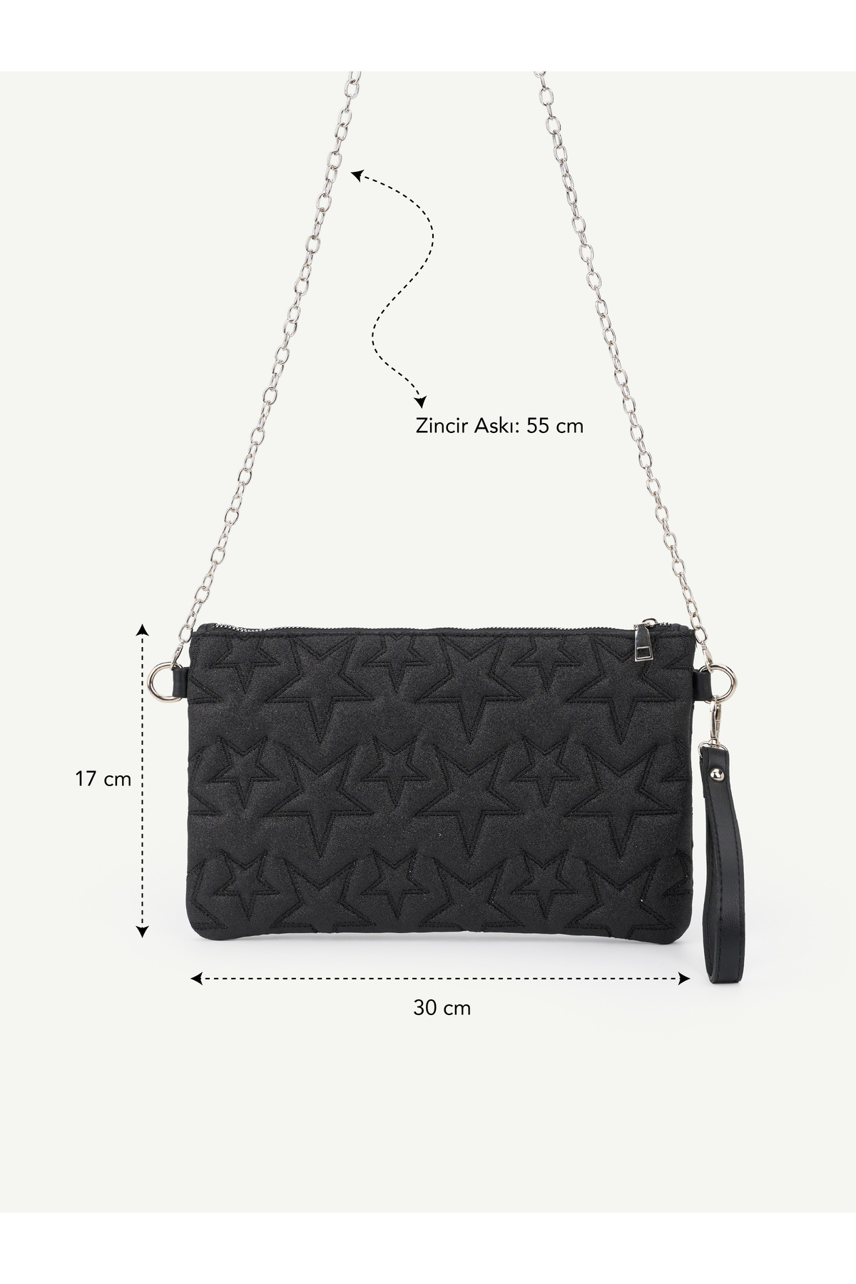 Kadın Yıldız Nakış İşlemeli Portföy El Çantası Bilek Askılı Saten Astarlı Clutch Çanta