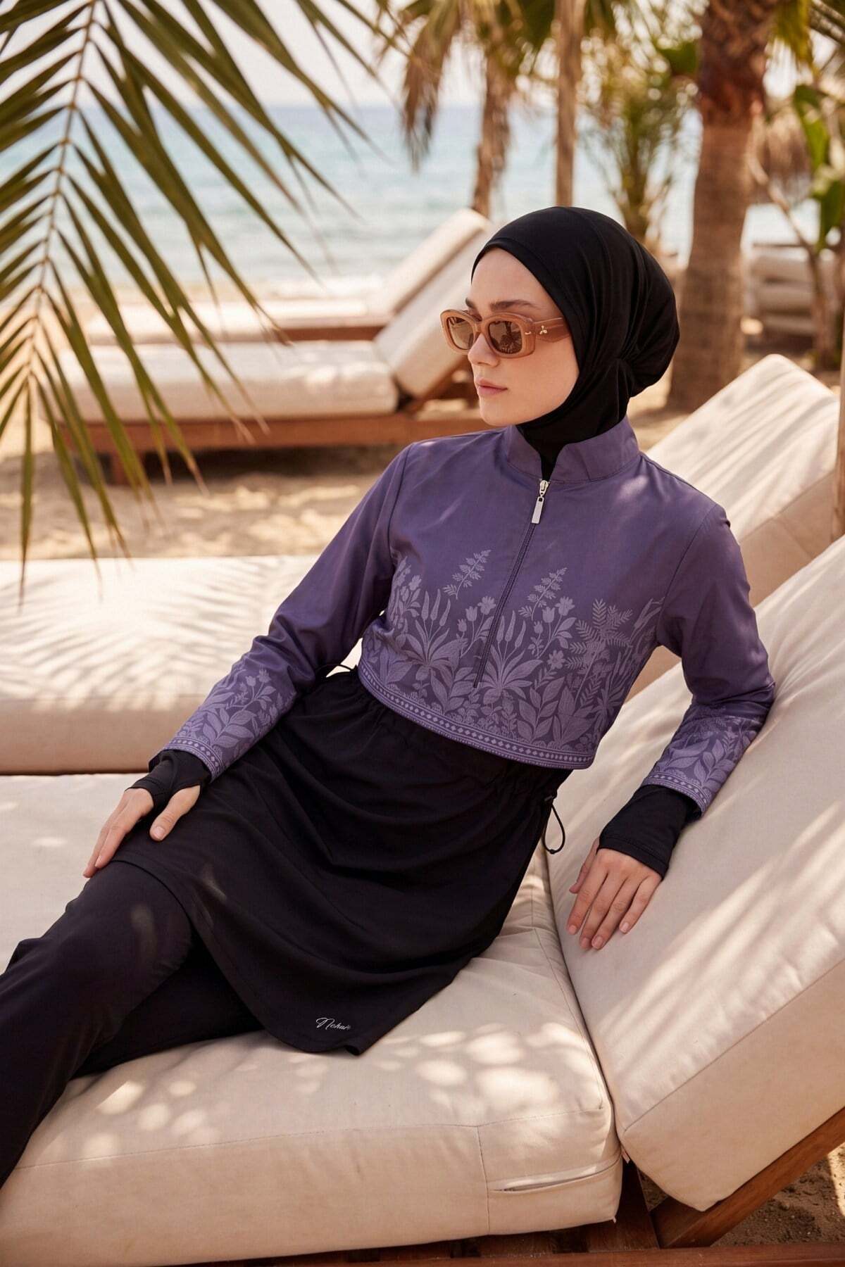 Nehar Floral Patterned Lilac 3-Piece Full Coverage Hijab Swimsuit Set 2299