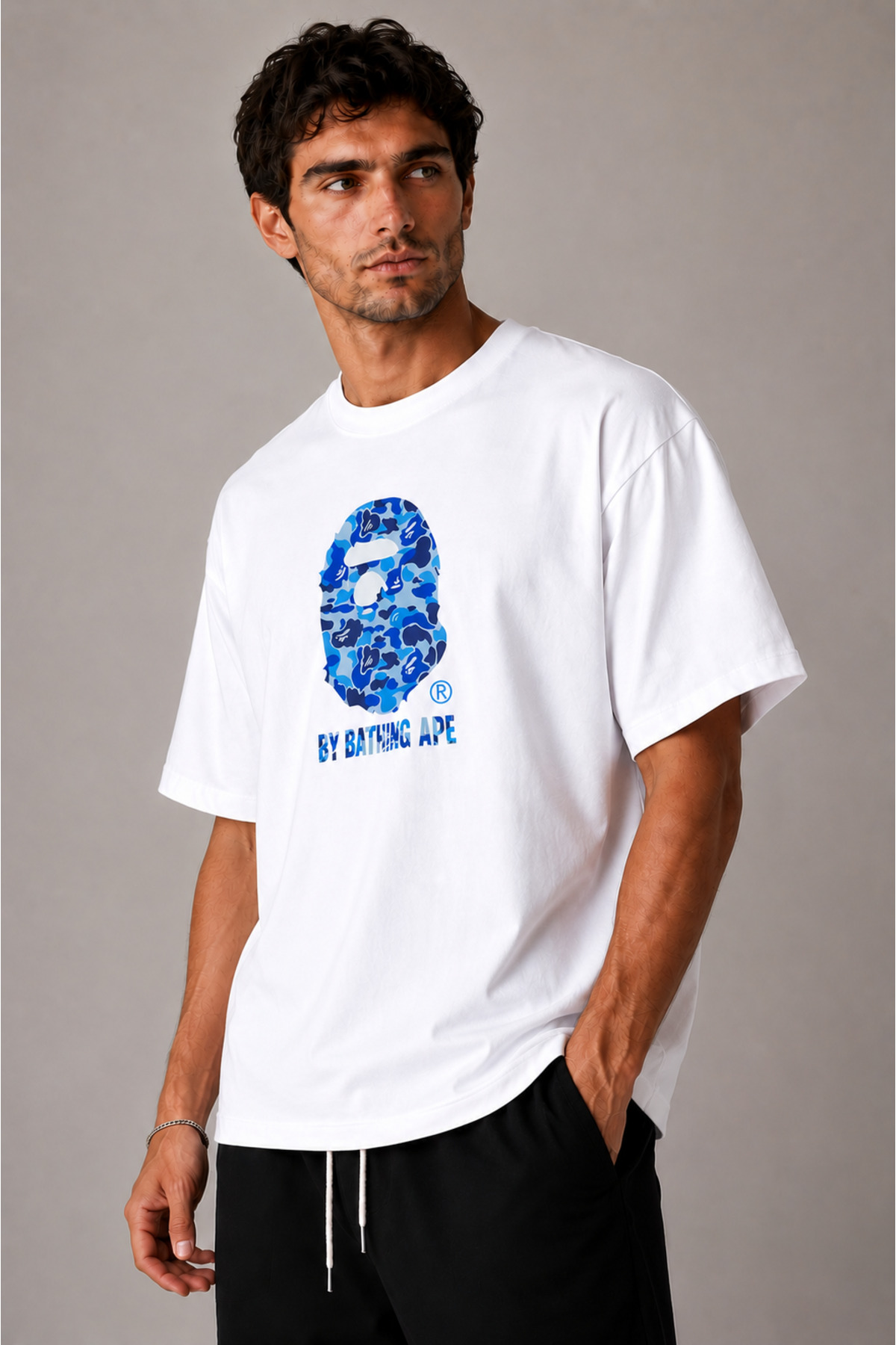THE RULE Unisex Bathing Ape Mavi Baskılı Oversize %100 Pamuk Geniş Kesim Dokulu Bisiklet Yaka Beyaz T-Shirt görsel 4