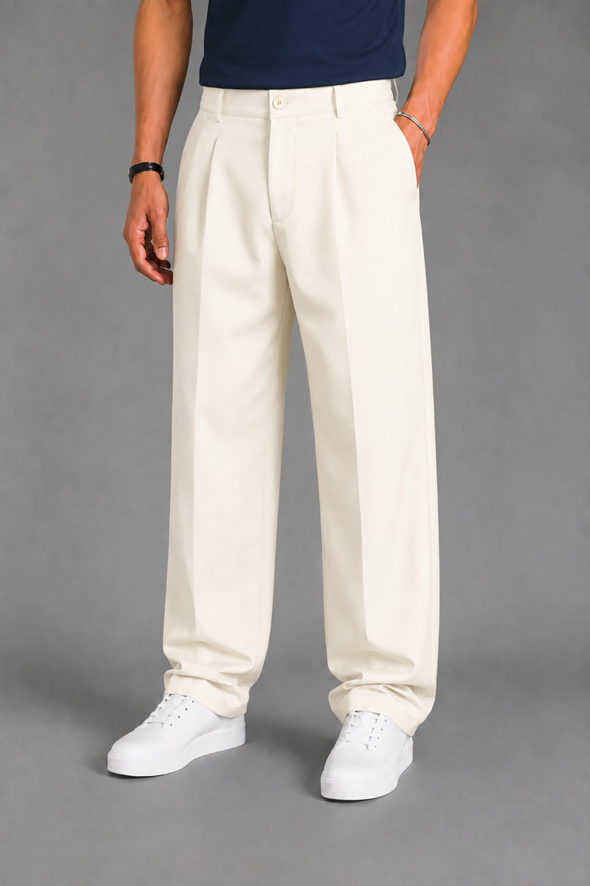 Montivo Men's White Modern Cut Pleated Wide Leg Fabric Trousers