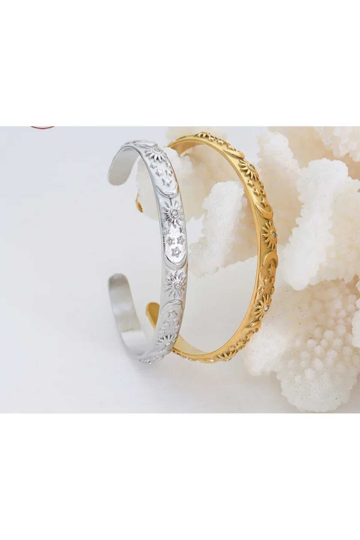 Umrece 2'li Set Gold-Silver Güneş Yıldız Hilal Model Zirkon Taşlı Bileklik (Ayarlanabilir)