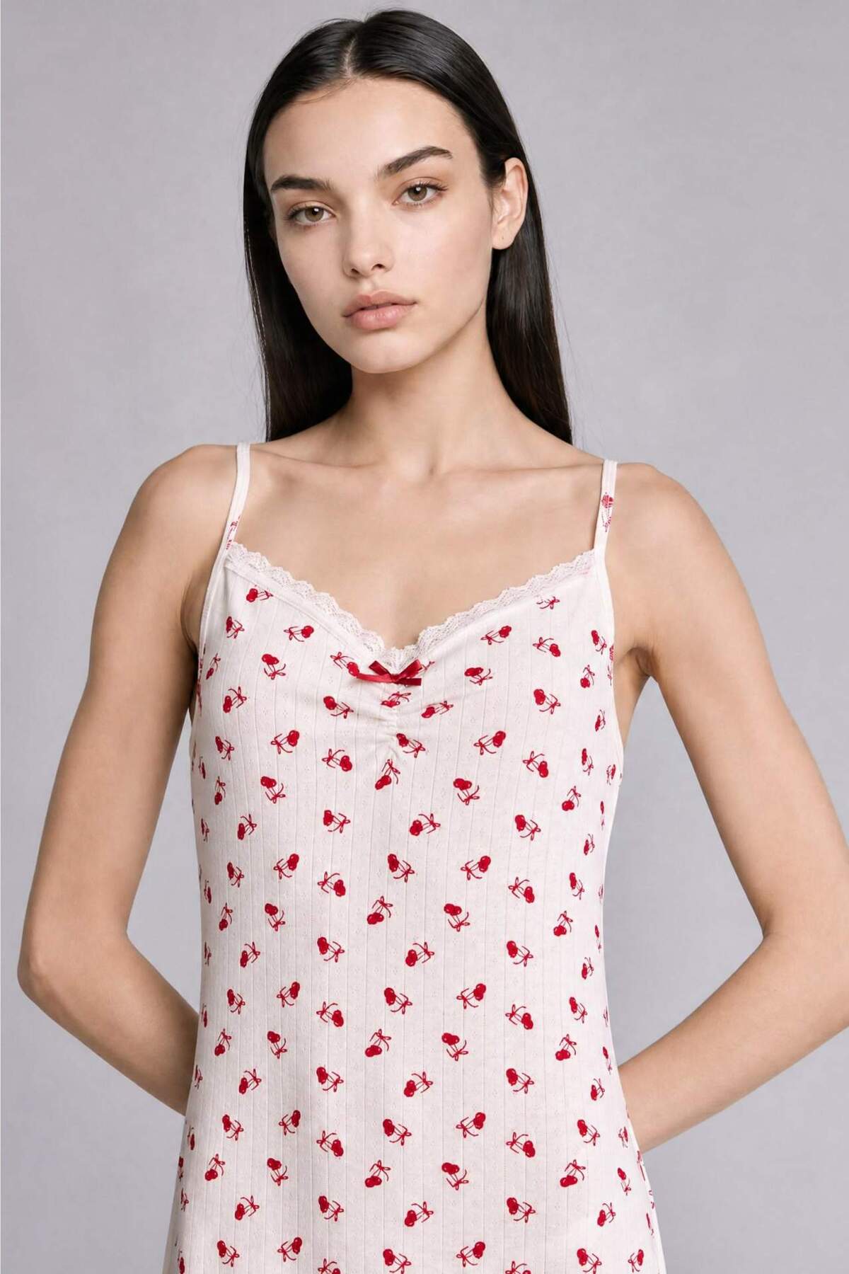 DeFacto Regular Fit V Yaka Askılı Ekru Gecelik H7394AX26HS görsel 5