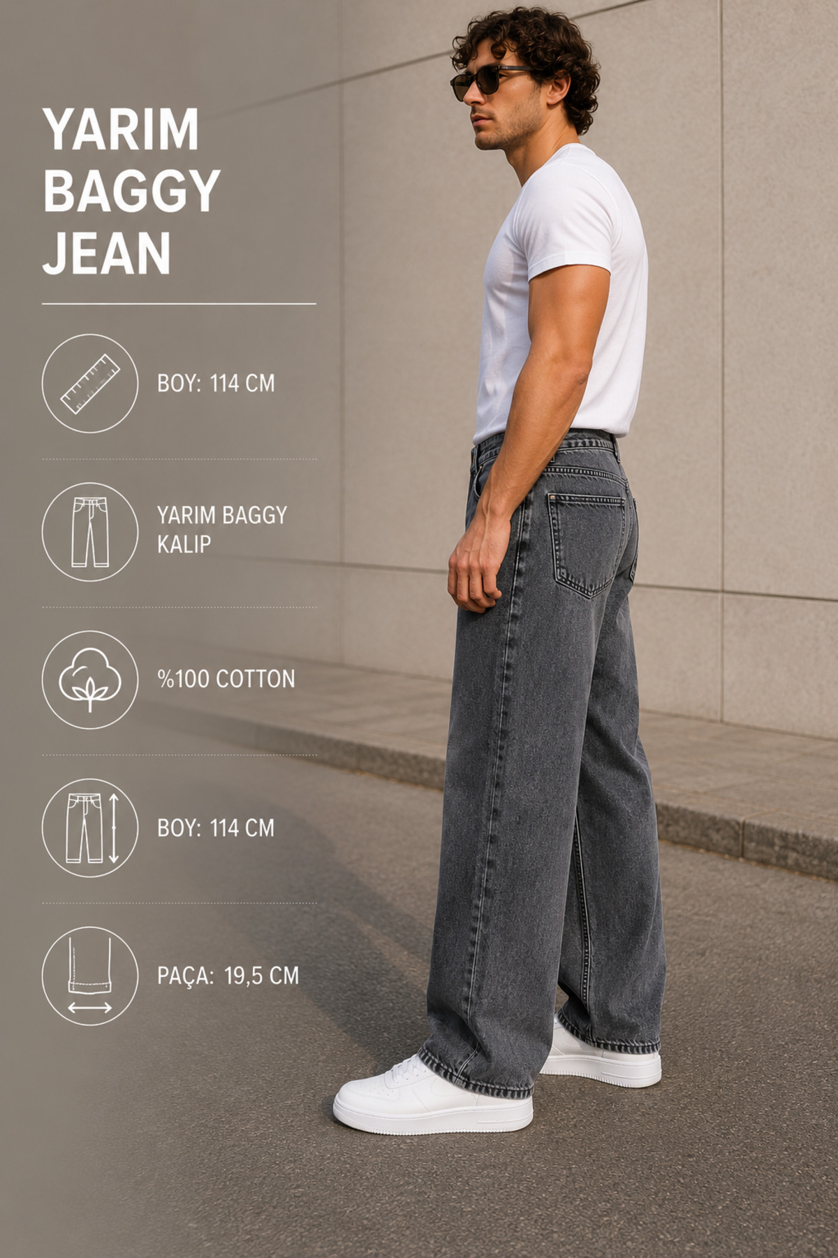 fashionistanbul Erkek Antresit Siyah Baggy Jean Pantolon Rahat Kalıp Geniş Paça Denim Kot görsel 5