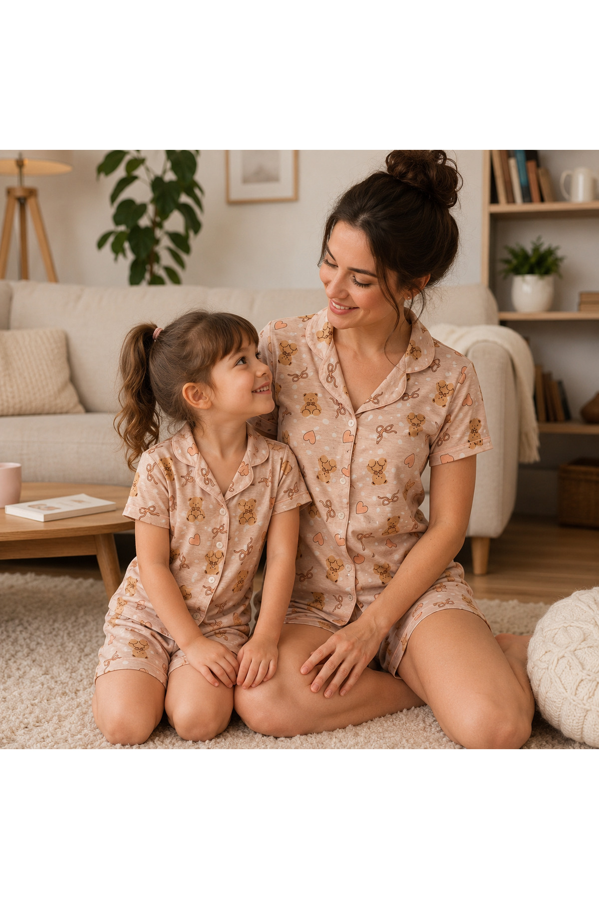 ARN HOMEWEAR ayıcık ve kalp desenli pamuklu anne kız pijama takımı ( bir ürün fiyatıdır) görsel 3