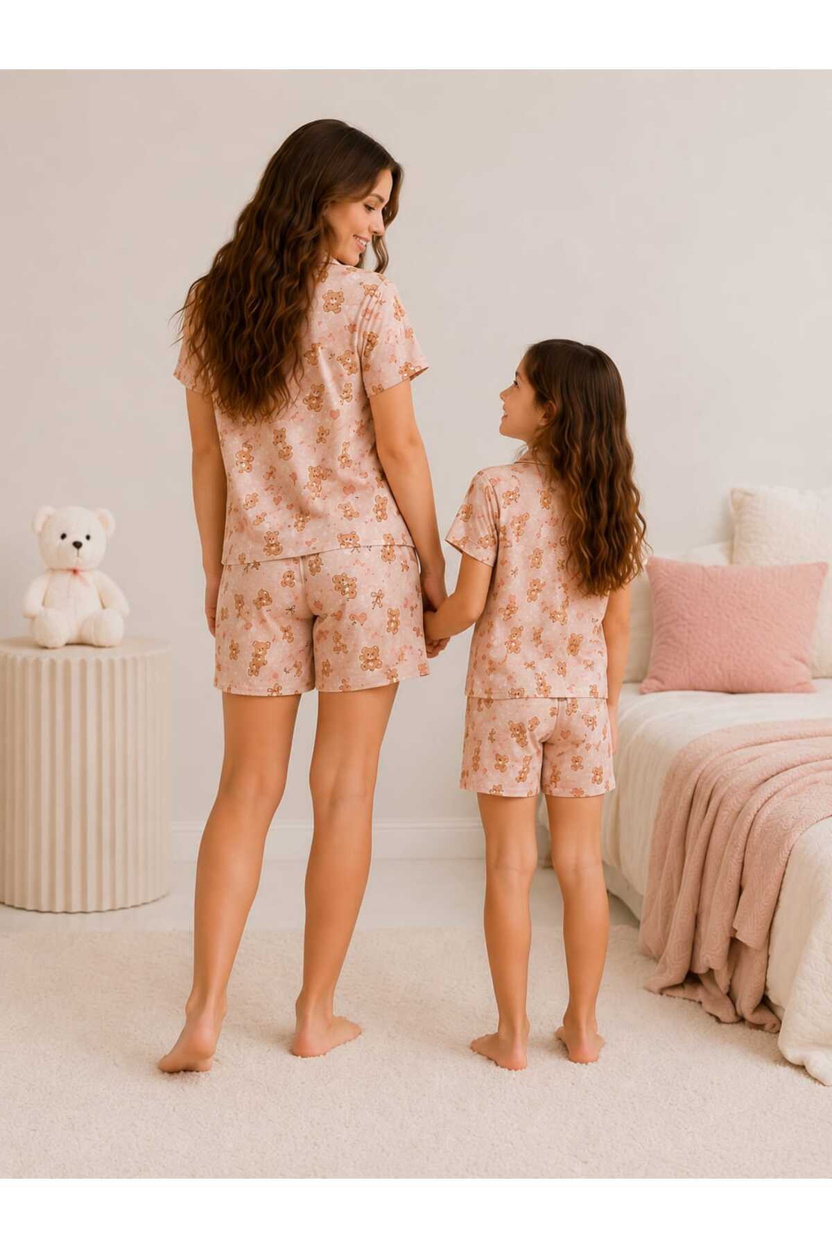 ARN HOMEWEAR ayıcık ve kalp desenli pamuklu anne kız pijama takımı ( bir ürün fiyatıdır) görsel 5