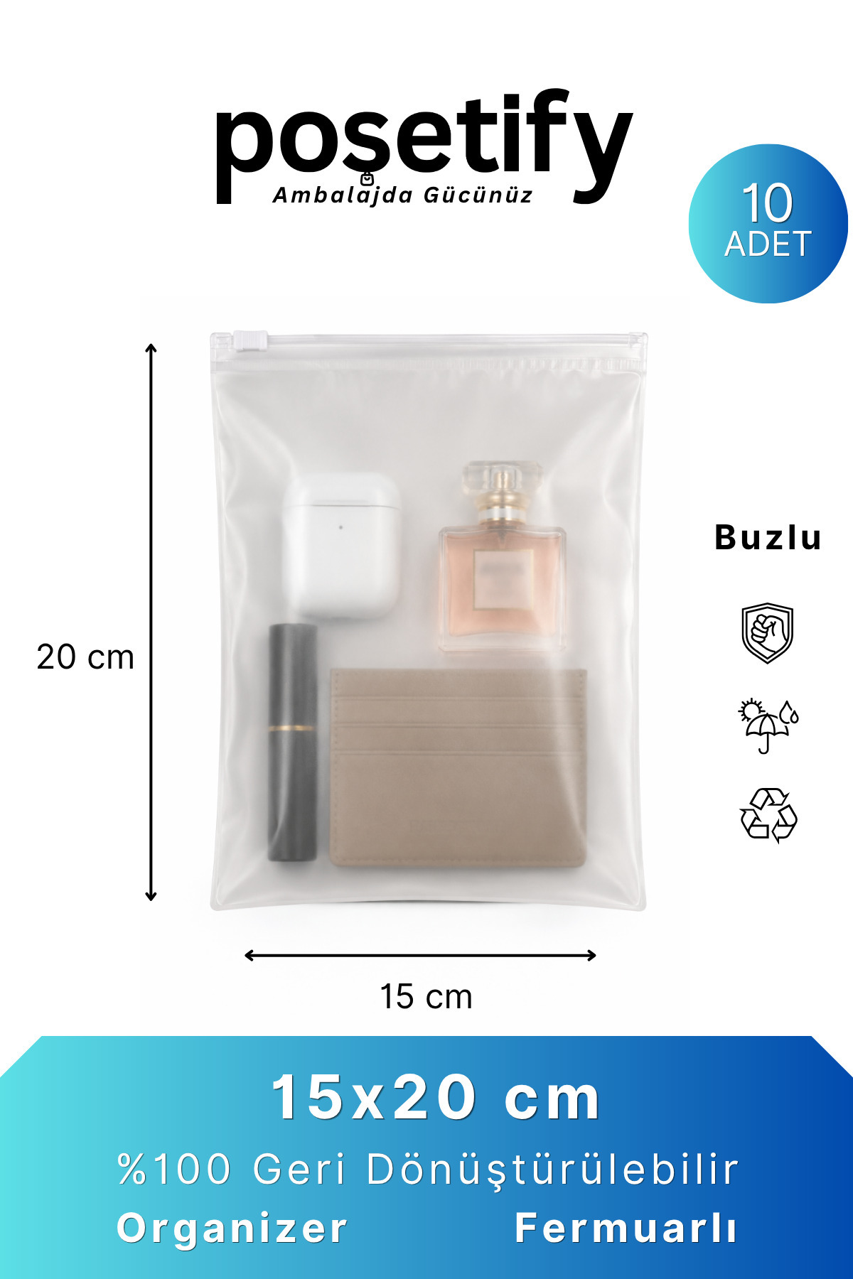 Fermuarlı Organizer 15x20 Cm | 10 Adet | Buzlu Şeffaf Kozmetik, Makyaj Çantası ve Çok Amaçlı Torba — بی‌رنگ PS-FO-1520-10