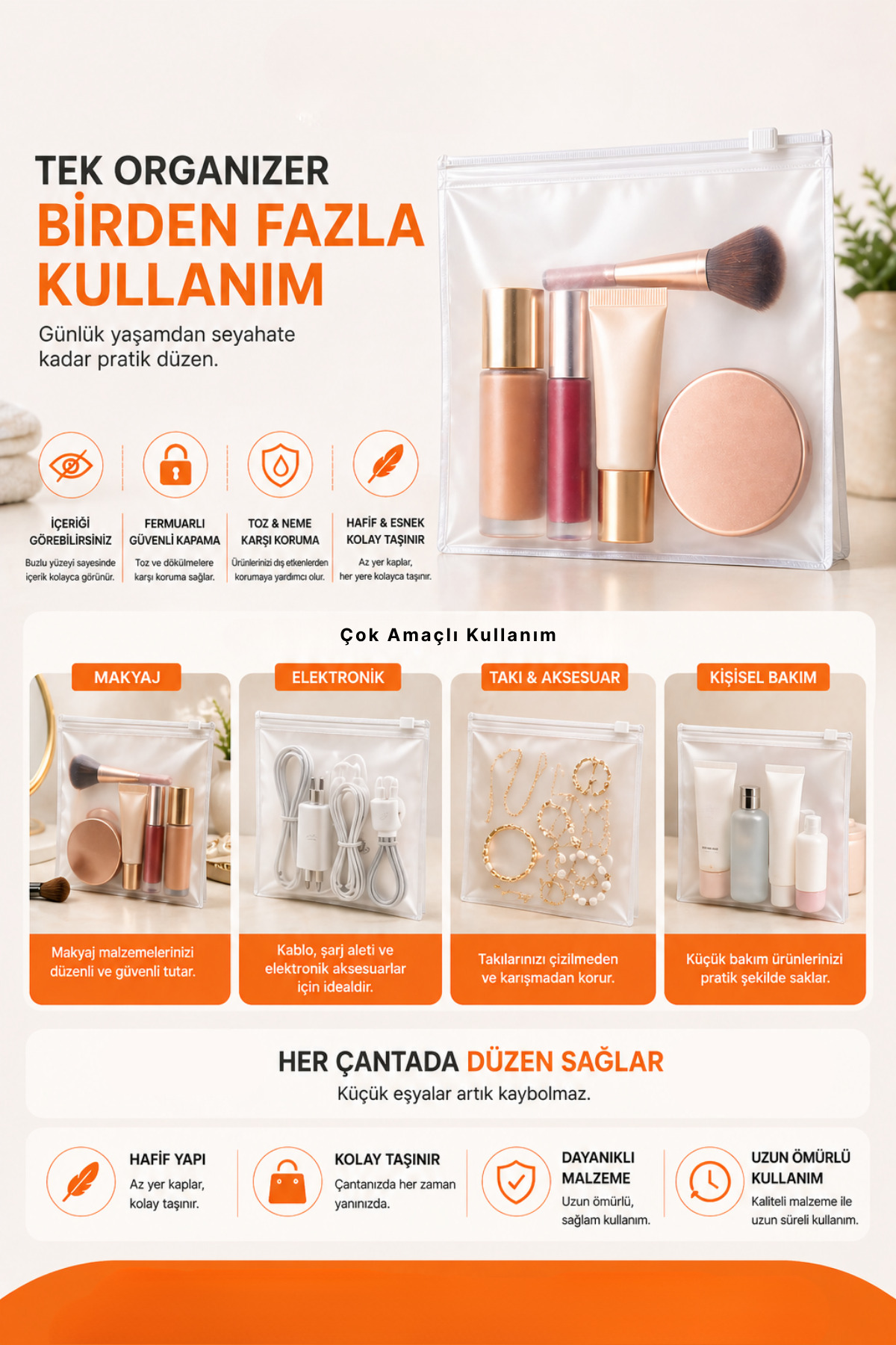 Fermuarlı Organizer 20x20 Cm | 1 Adet | Buzlu Şeffaf Makyaj Çantası, Kozmetik ve Çok Amaçlı Torba — PS-FO-2020-01 — تصویر 7 از 8