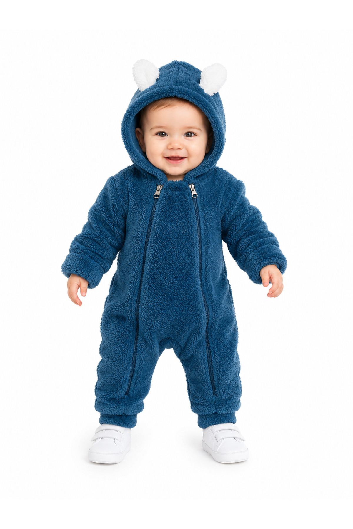 Tatlı Tavşan Kulaklı Çift Fermuarlı Welsoft Bebek Tulumu Kapüşonlu Peluş Kışlık Unisex Tulum