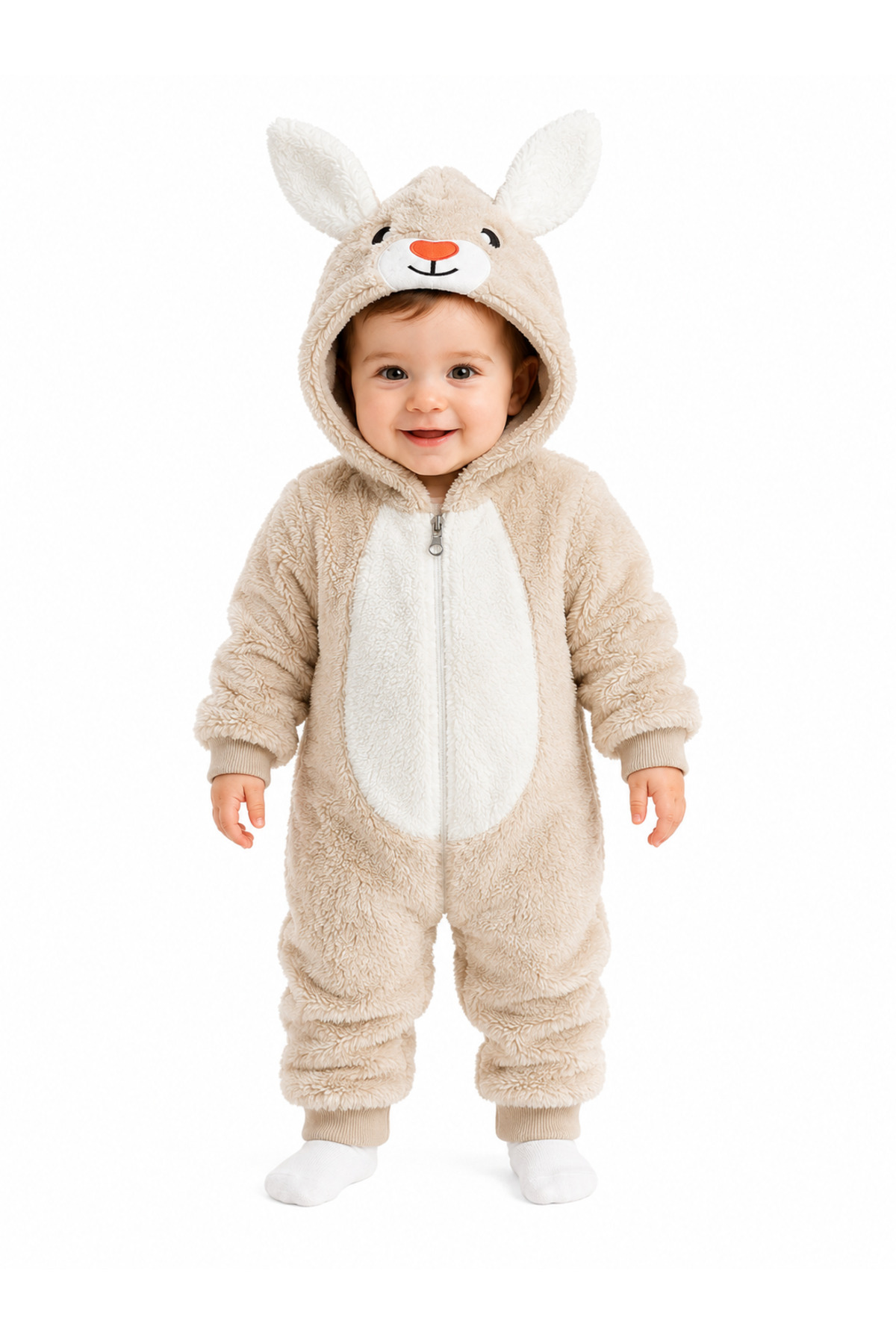 Tatlı Tavşan Desenli Welsoft Bebek Tulumu Kapüşonlu Peluş Fermuarlı Kışlık Unisex Bebek Tulumu