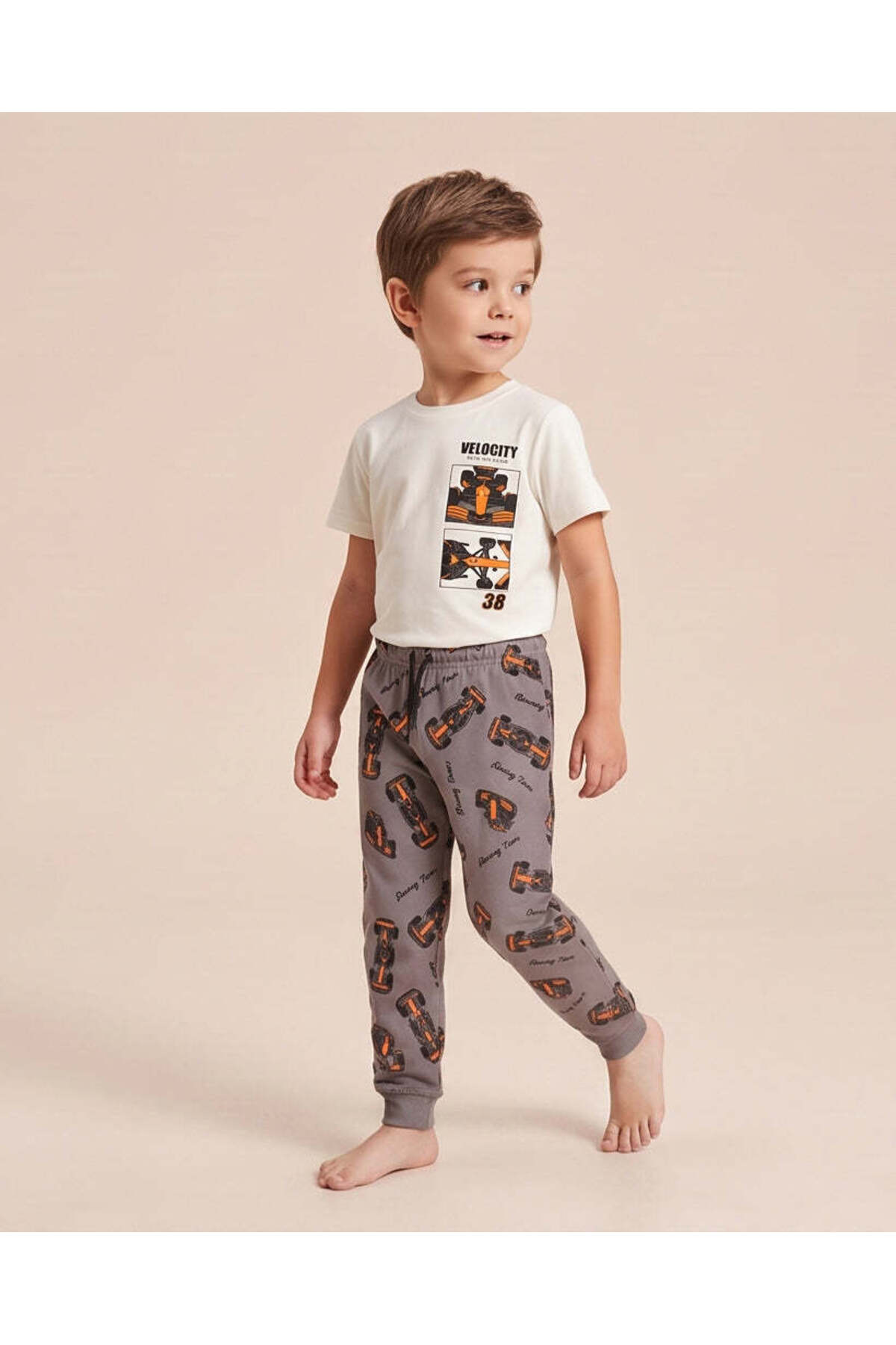REDTAG Boys Cream Velocity Print T-Shirt And Long Pants PJ Set