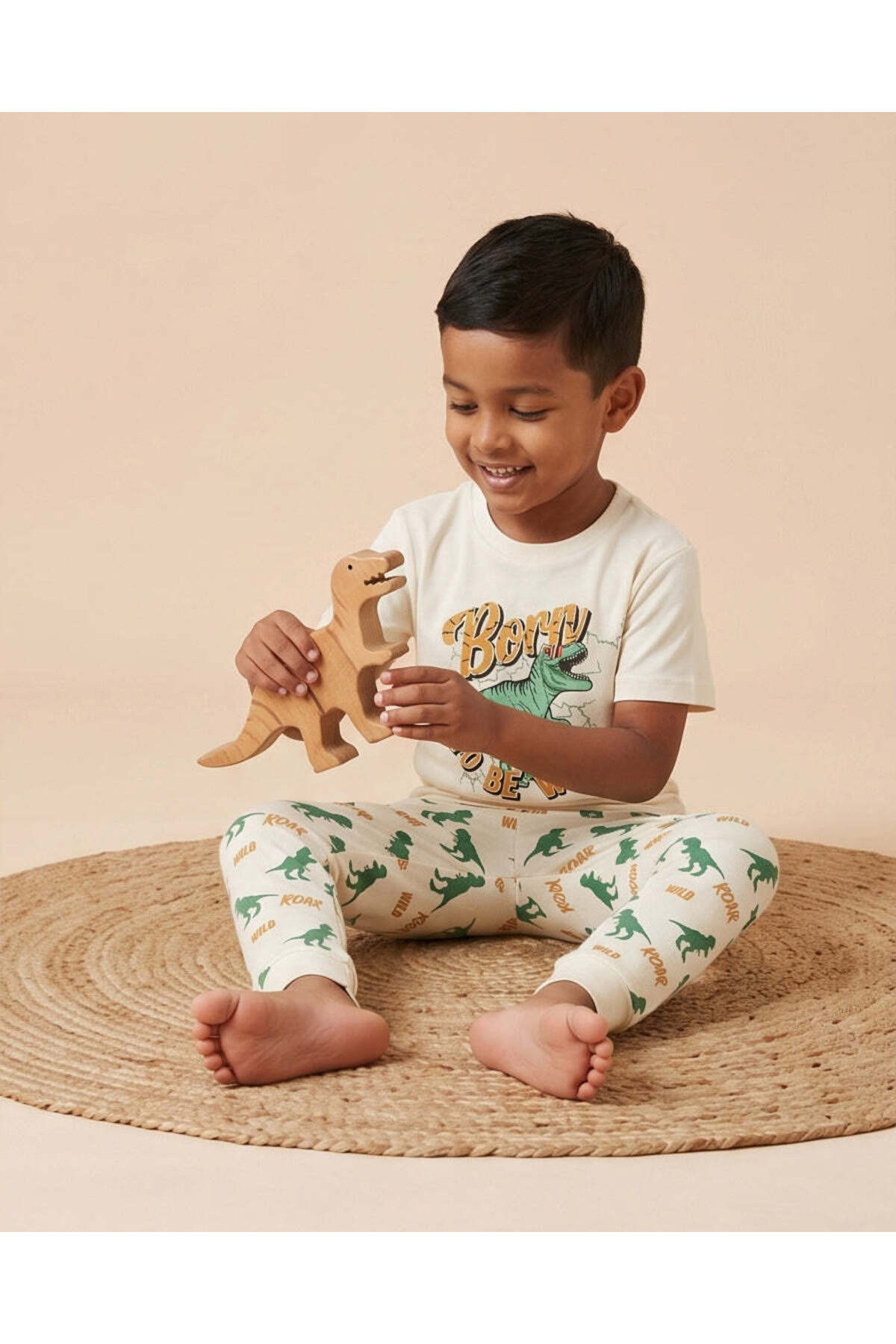 REDTAG Boys Beige Roar Print T-Shirt And Long Pants PJ Set