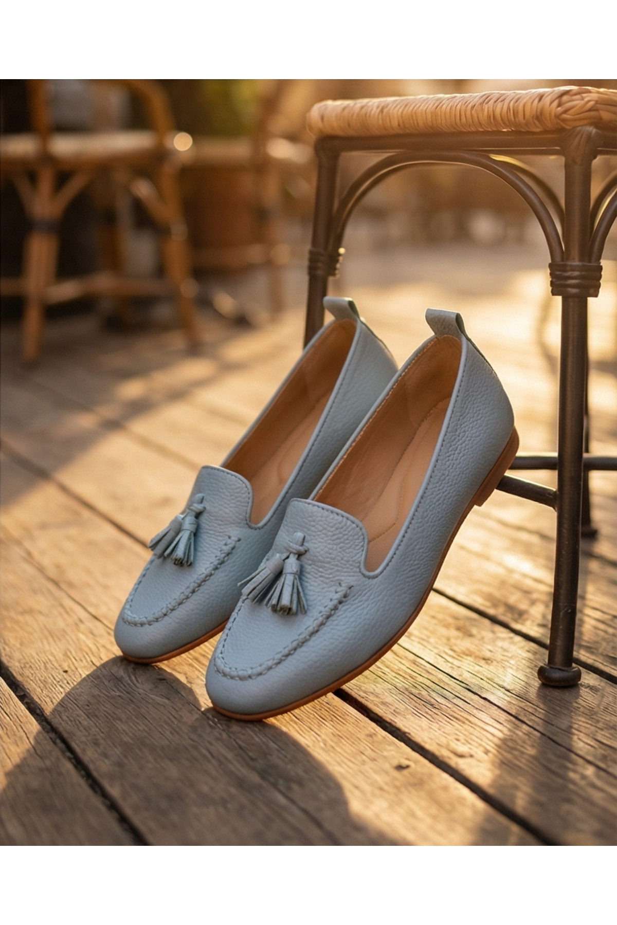 futsi shoes LUCIA Mavi Hakiki Deri Püskül Detaylı Kadın Loafer Babet