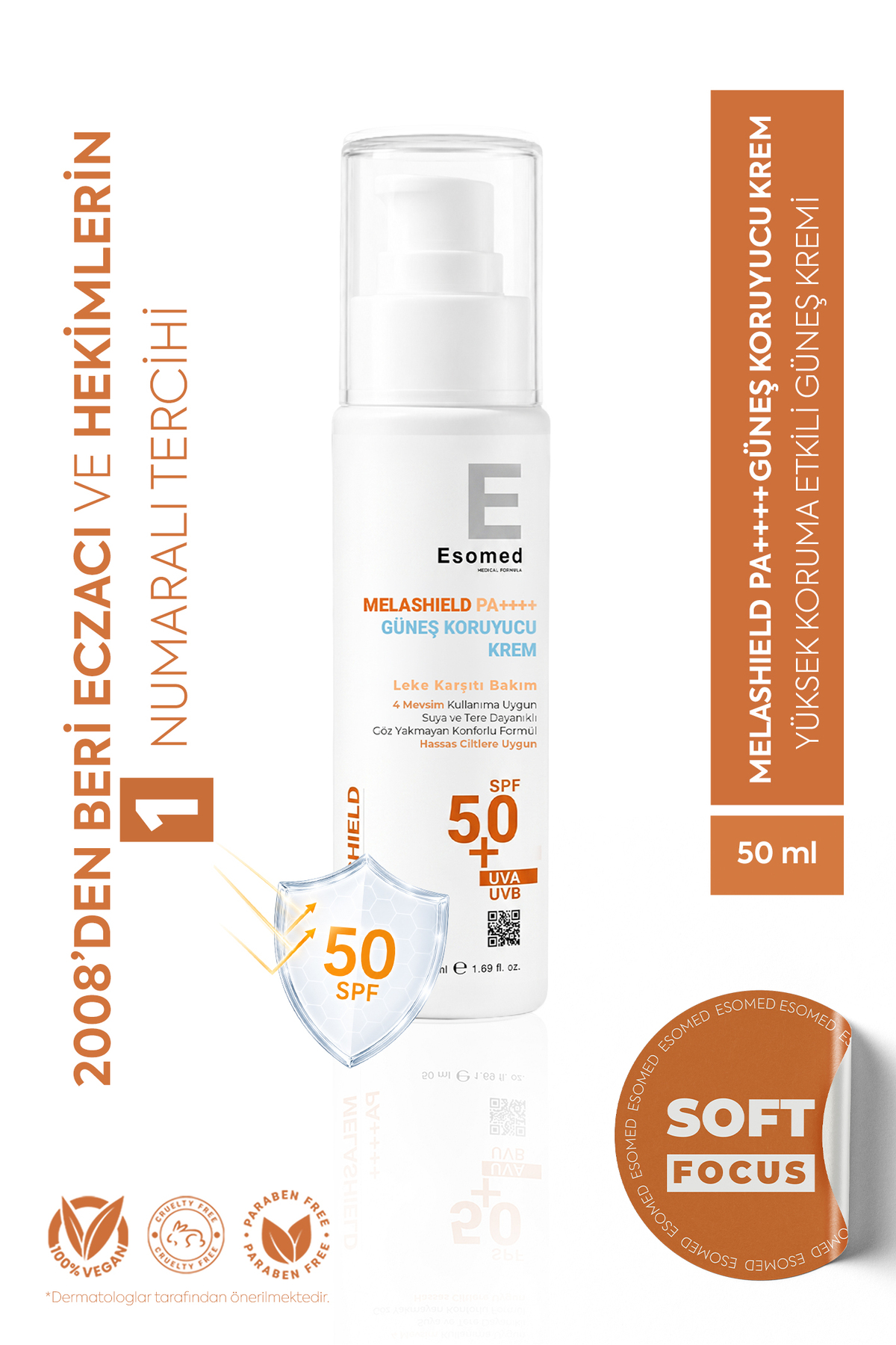 Esomed Melashield Kore Parıltısı Güneş Kremi SPF 50+ Göz Yakmayan Suya ve Tere Dayanıklı UVA/UVB Koruma 50ml — Melashield-esomed