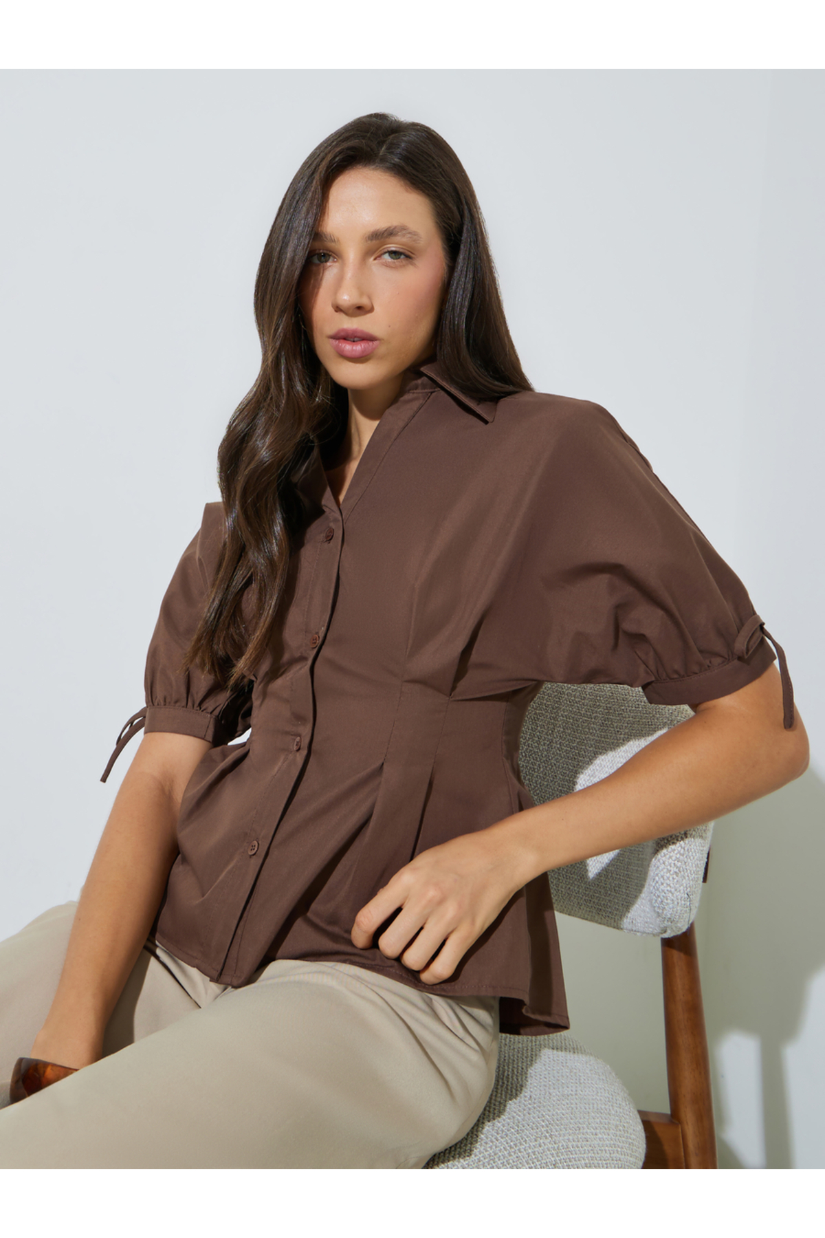 Styli Short Sleeve Pleated Peplum Blouse With Collar