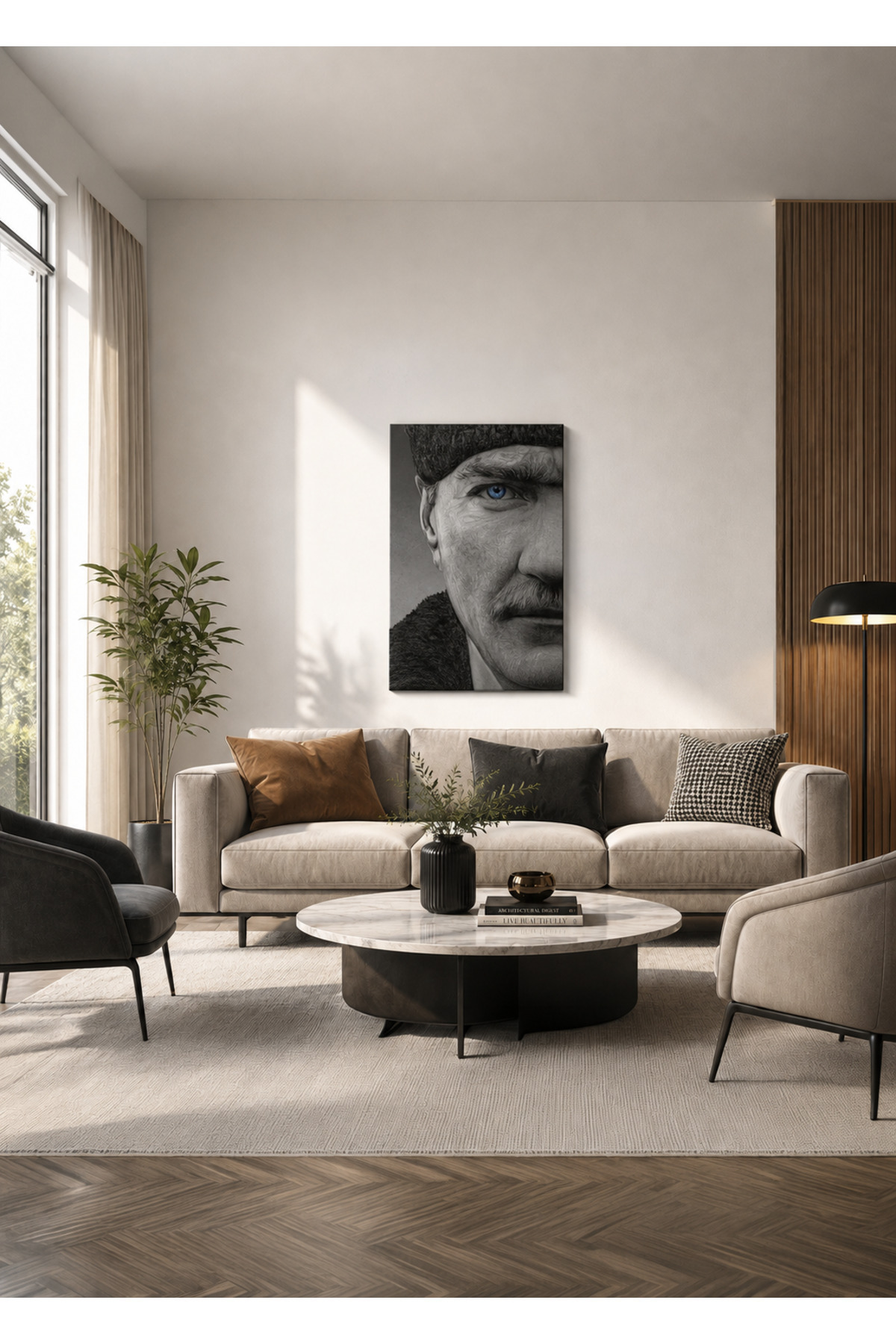 MDF Tablo Mustafa Kemal Atatürk Portresi – Mavi Göz Detaylı Siyah Beyaz Ev ve Ofis Duvar Dekorasyonu