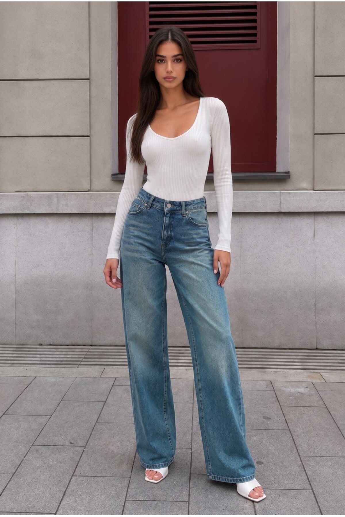 KOYU MAVİ Soluk Efekt Vintage Yüksek Bel Wide Leg Geniş Paça with Lycra Jeans 6