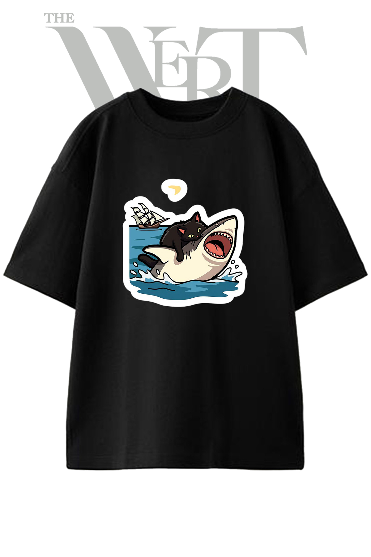 THEWERT Cat Shark Design Printed Unisex Black Oversize T-Shirt