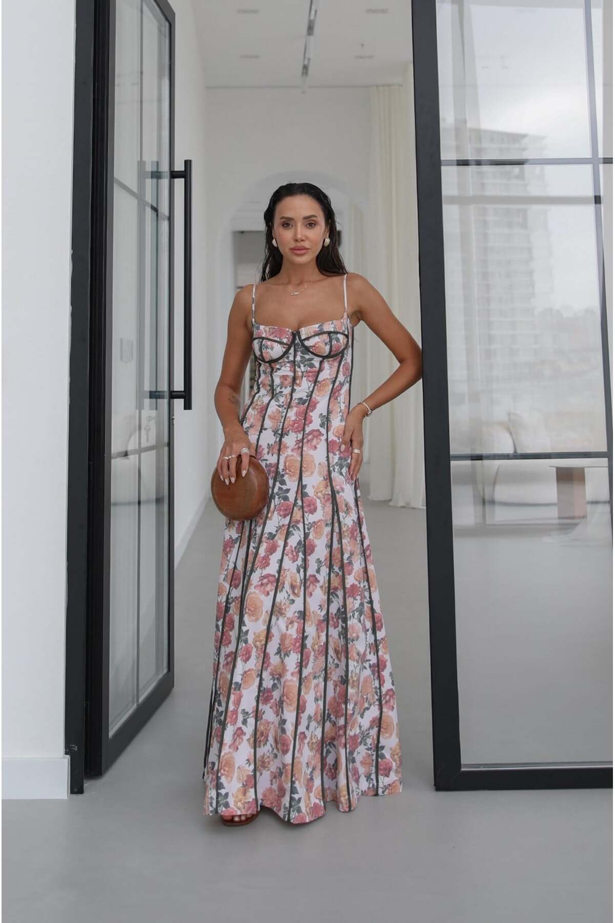 Havoş Pink Piping Corset Detailed Long Dress