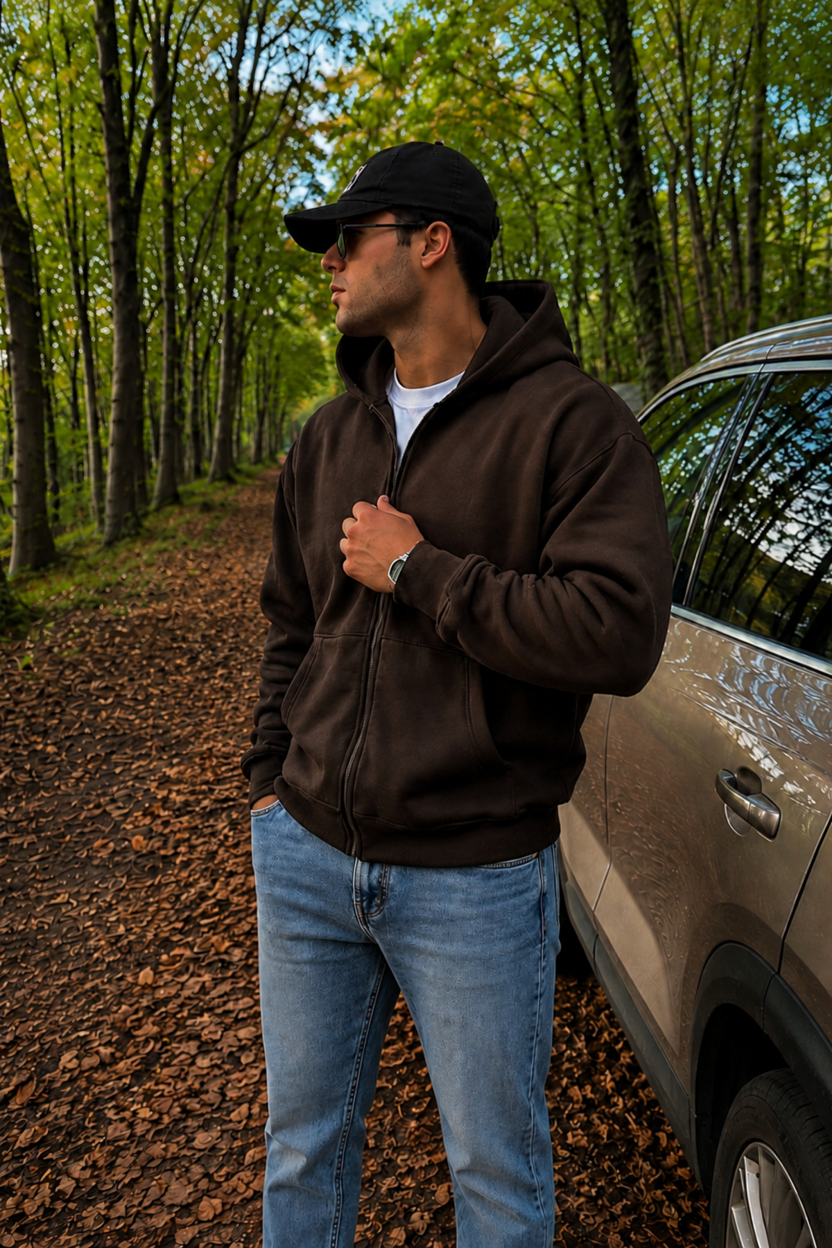 ERKEK 3 İPLİK KAPÜŞONLU OVERSIZE FERMUARLI SWEATSHIRT HIRKA — قهوه‌ای STHRKA-0 — تصویر 2 از 5