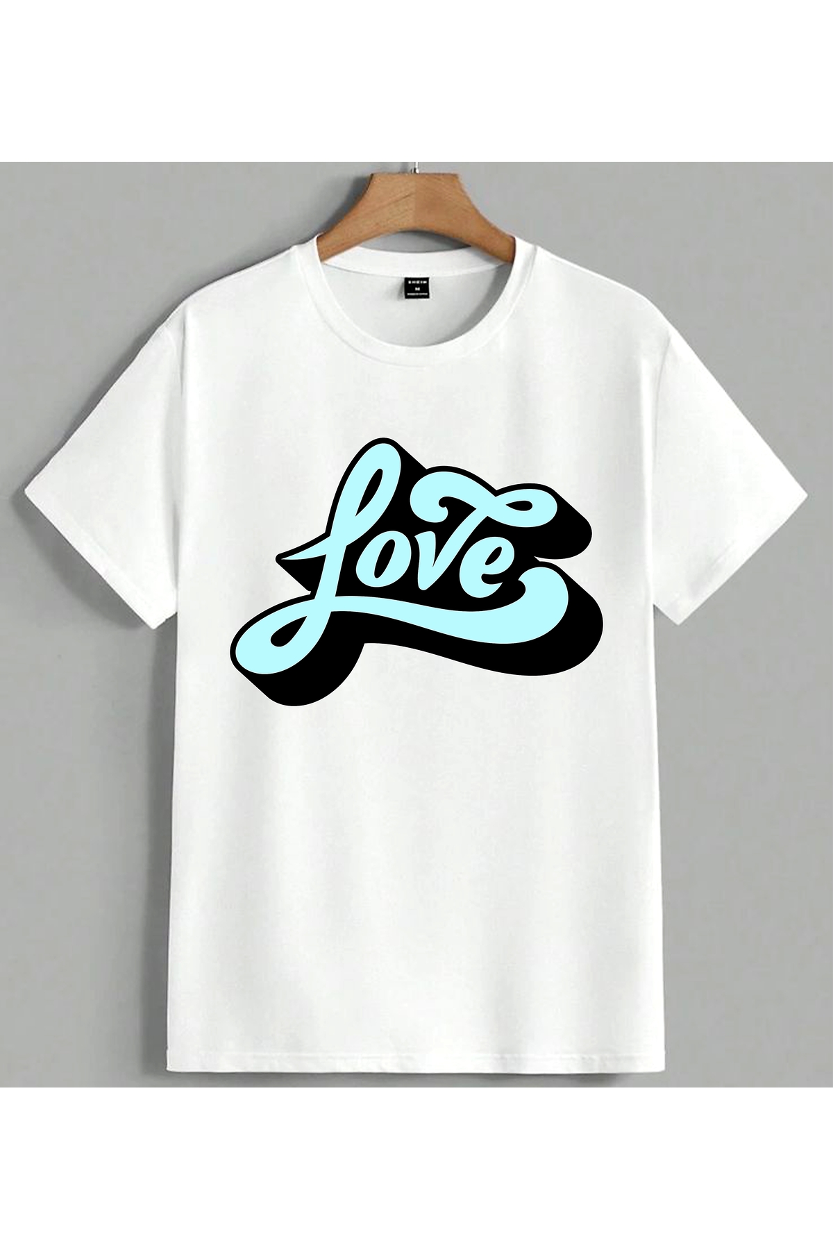 ELFERA Love Yazisi Blue Script Printed Unisex Oversize T-Shirt White