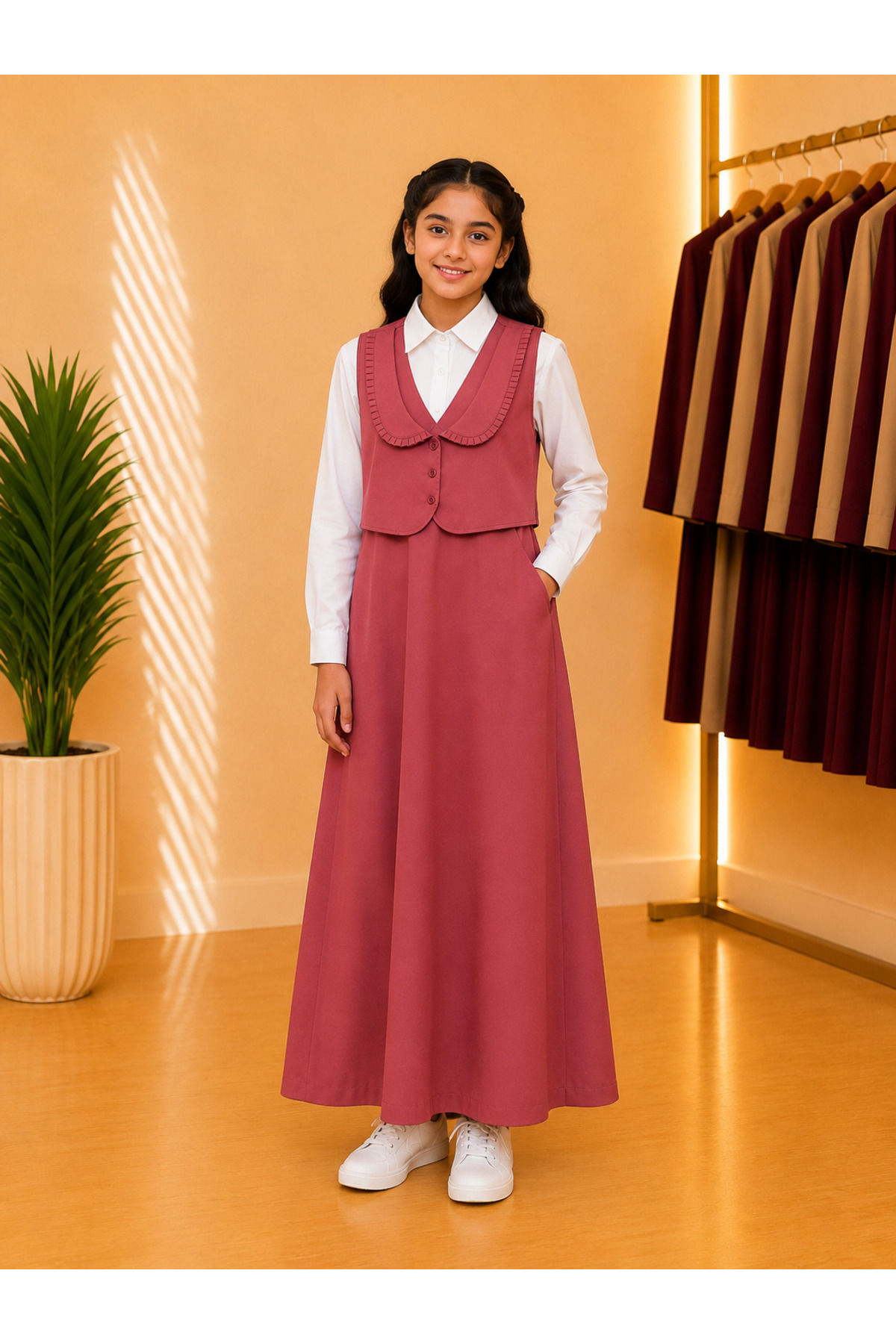 Primary School Girls' Uniform Set - Long-Sleeved Uniform with Vest and White Shirt