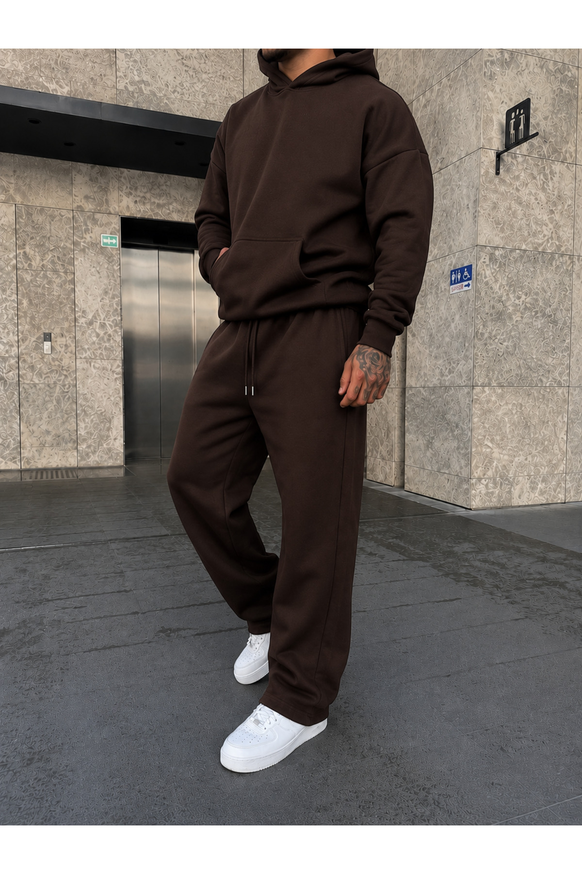 BARLİZ ERKEK Oversize Baggy Kalıp Uygun Basic Günlük Eşofman Takımı — قهوهای BRNSFTK7