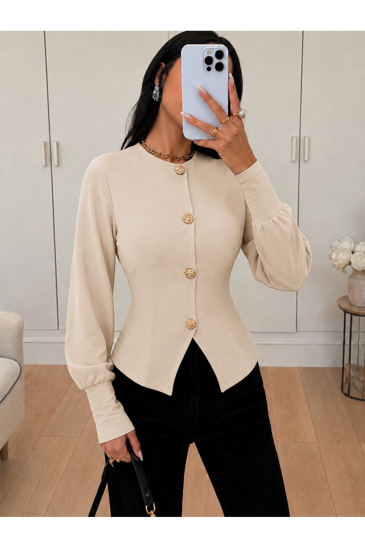 peri tower Women's Scuba Crepe Gold Buttoned Waist Fitted Long Sleeve Stylish Blouse 00231