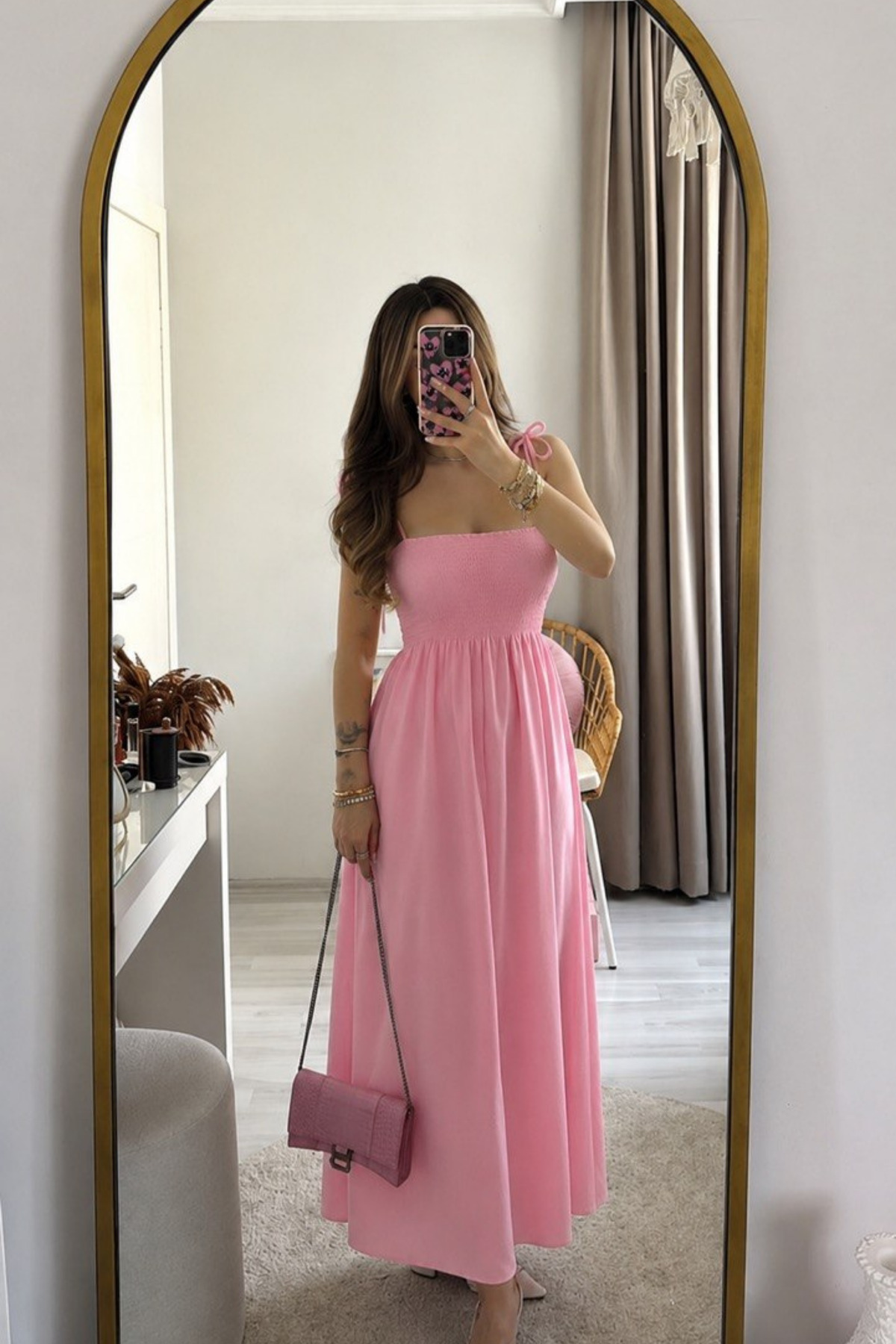 oshebu Pink- Shoulder-Strap Drawstring Dress