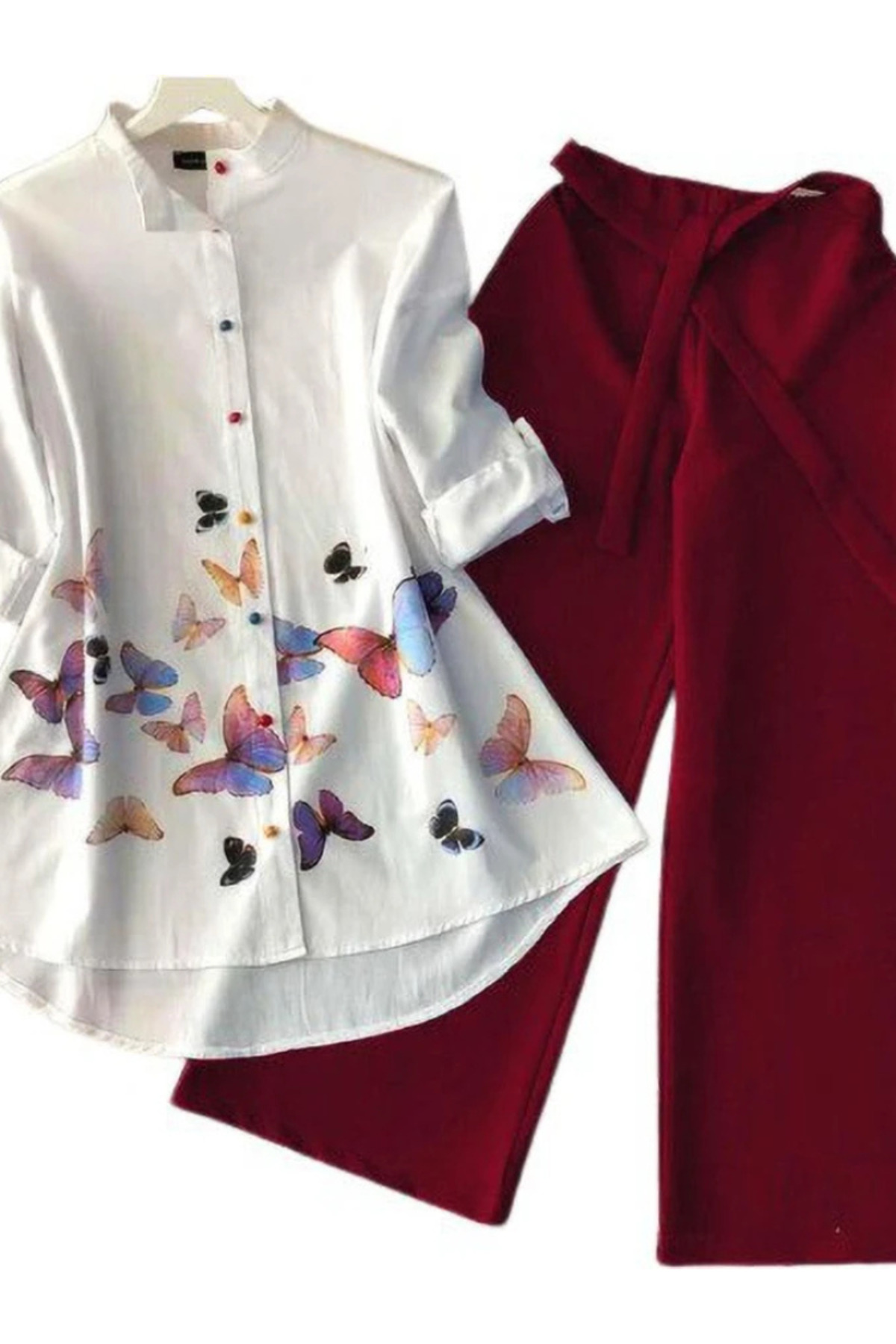 MYSMAR White Butterfly Print Tunic Palazzo Set - NJF8854 | White & Black-Size:L-40-Inches