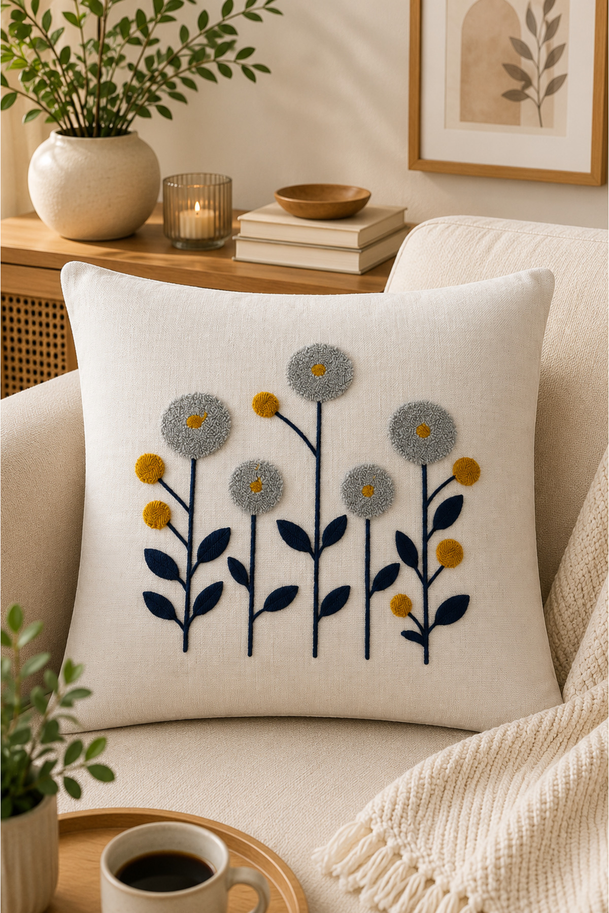 Dekoratif Punch Kırlent Kılıfı Keten Kumaş Gizli Fermuarlı 43x43