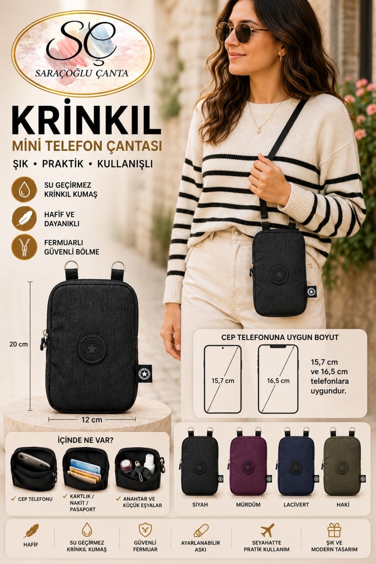 sç Saraçoğlu Çanta Kadın Su Geçirmez Krınkıl Kumaş Mini Telefon Çantası Çapraz Omuz Ve Pasaport Çantası görsel 4