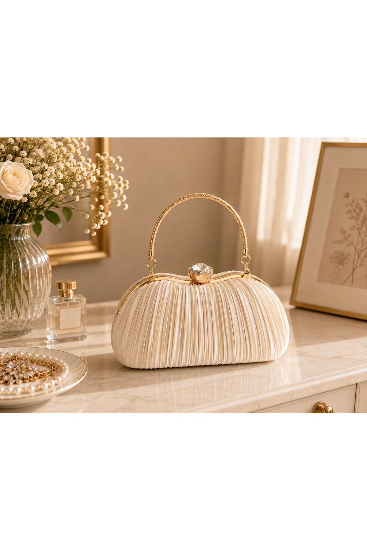 Z1 Home Pliseli Saten Clutch Abiye Çanta Çiçek Klipsli Bej Özel Gün , Davet ve Düğün Çantası görsel 3
