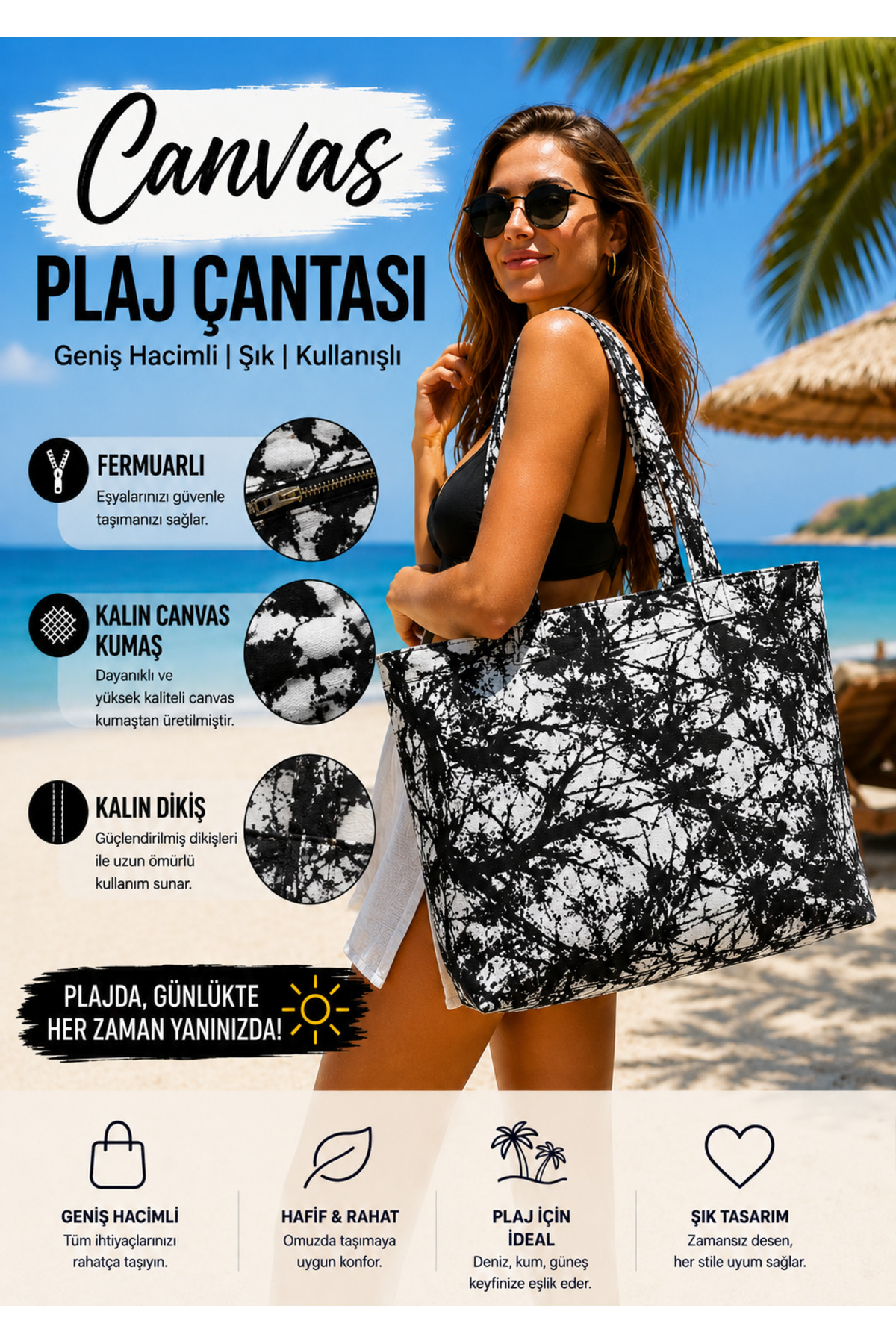 imkaya Canvas Plaj Çantası Fermuarlı Geniş Hacimli Kalın Kumaş Omuz Çantası - Kadın Çantası görsel 2