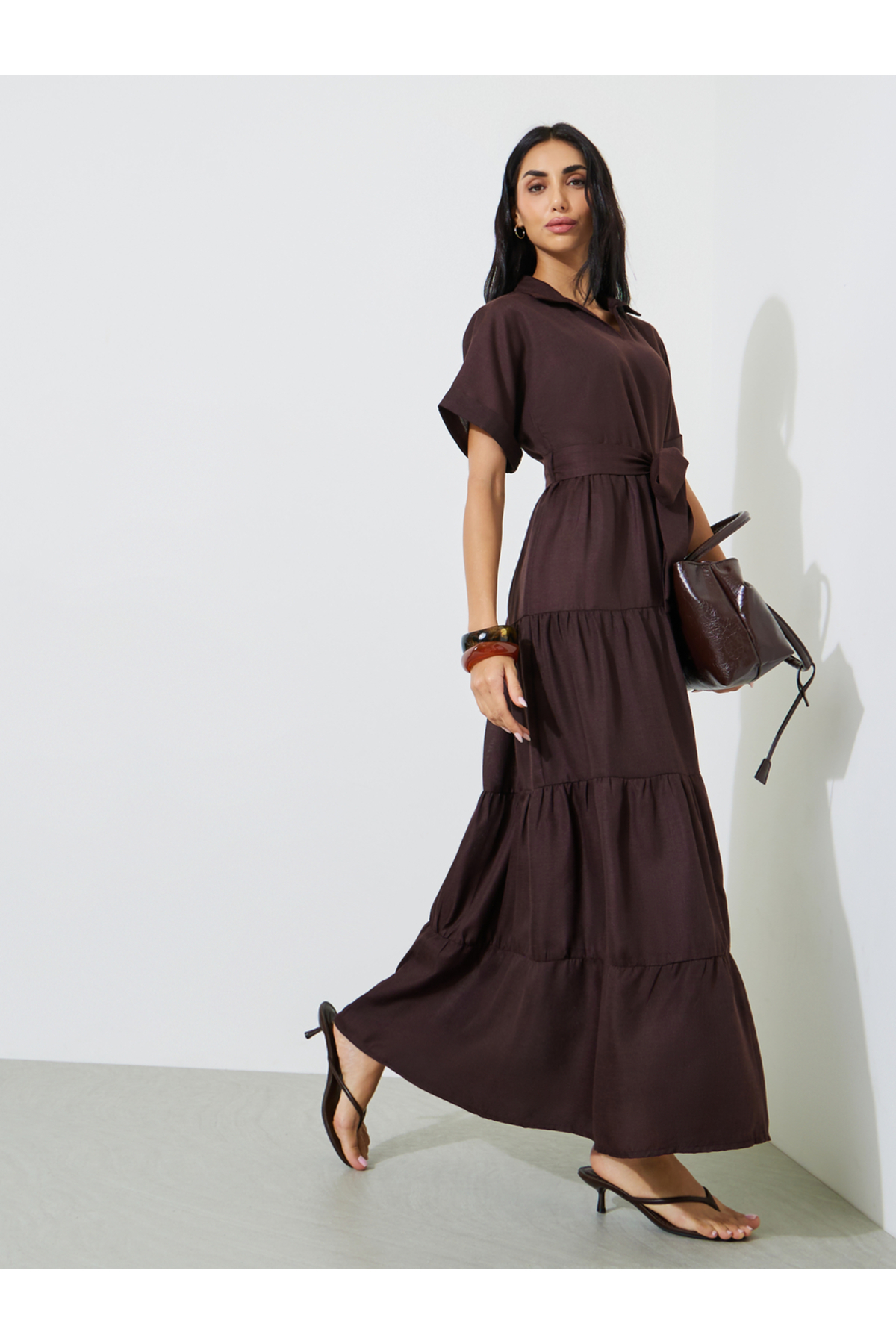 Styli Brown Tie-Up Detail Tiered Maxi Dress