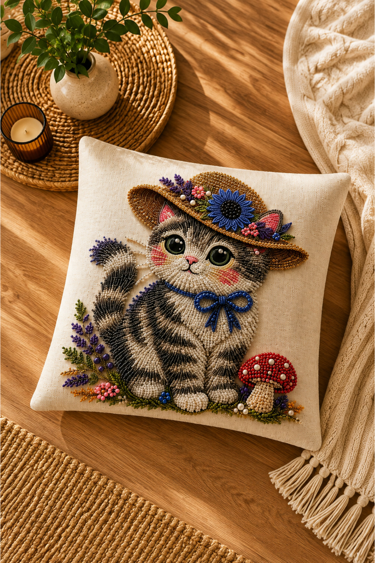 Dijital Baskılı Dekoratif Kırlent Kılıfı 43x43 cm – Modern Desenli Keten Dokulu